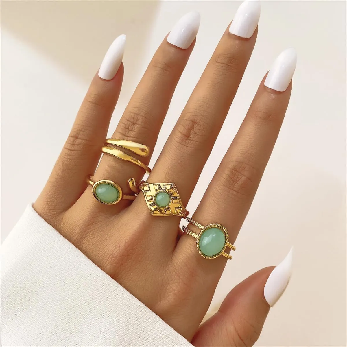 Rrdaily Boho Knuckle Ring Sets for Women,Gold Green Gem Stackable Ring Vintage Green Knuckle Gems Rings Good Luck Midi Finger Rin Aesthetic Statement Thumb Ring Set Jewelry
