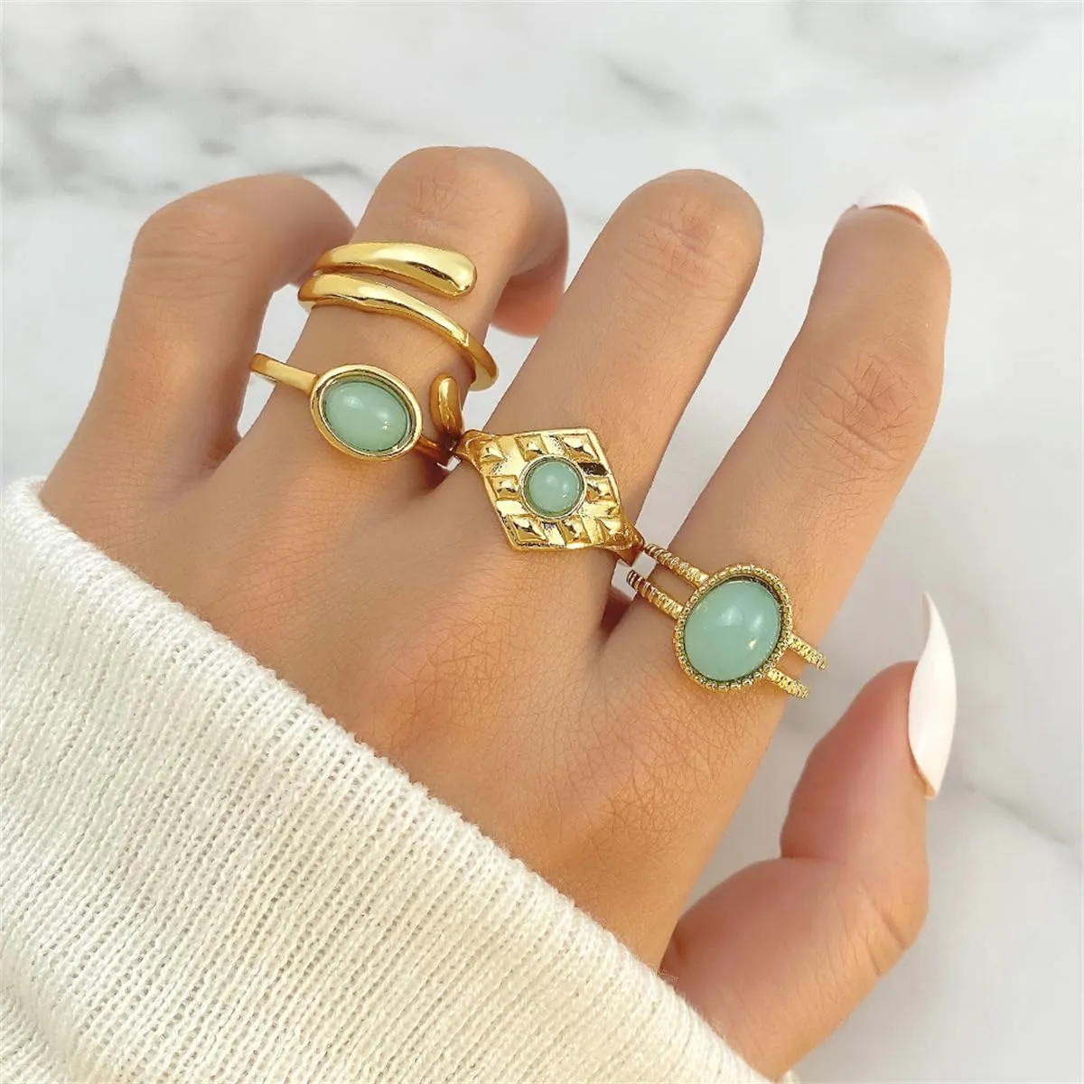 Rrdaily Boho Knuckle Ring Sets for Women,Gold Green Gem Stackable Ring Vintage Green Knuckle Gems Rings Good Luck Midi Finger Rin Aesthetic Statement Thumb Ring Set Jewelry