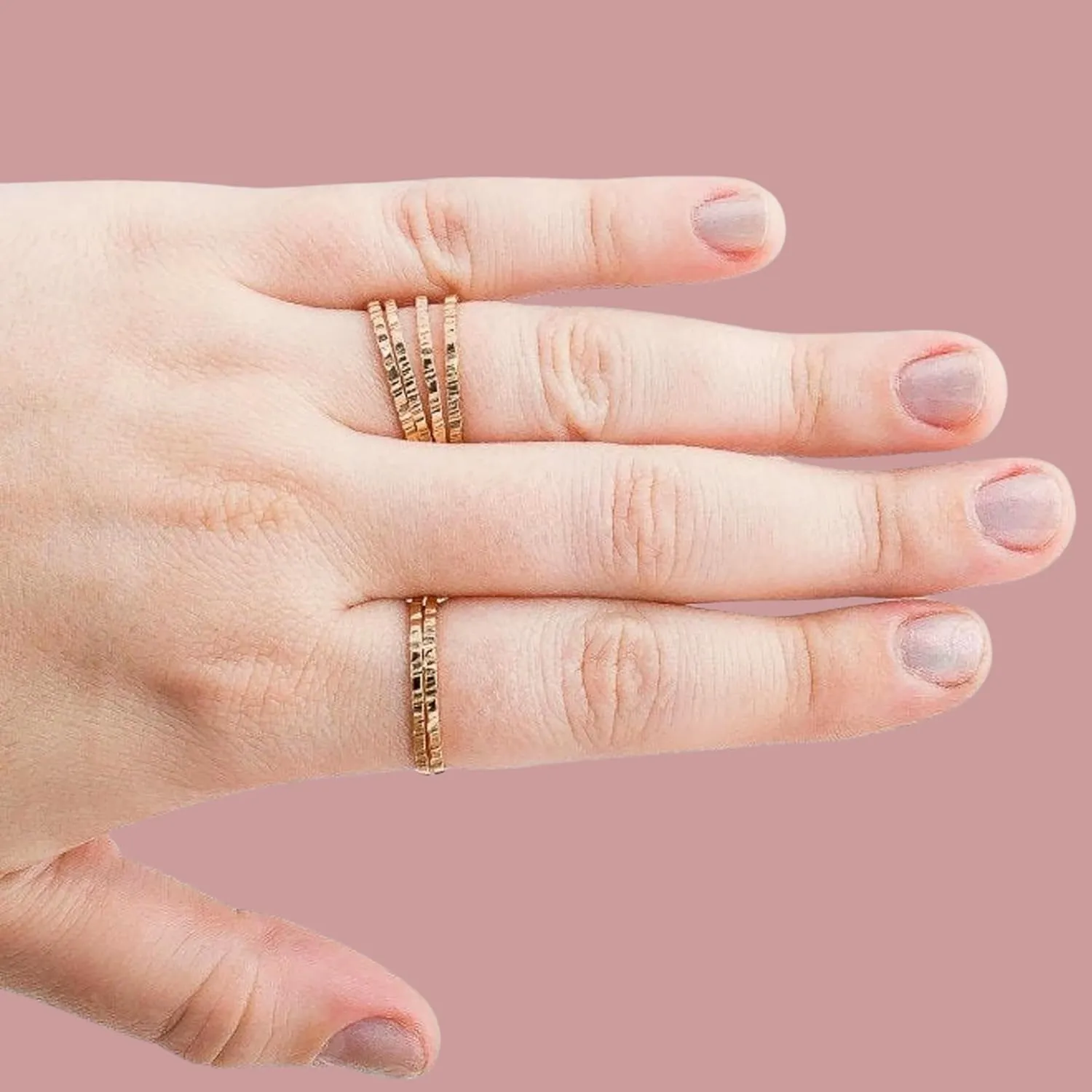 Rugged Stacking Rings | Silver, Gold, or Rose Gold | Lined Hammered Stackable Ring Bands (6.5, 14K Gold Fill)