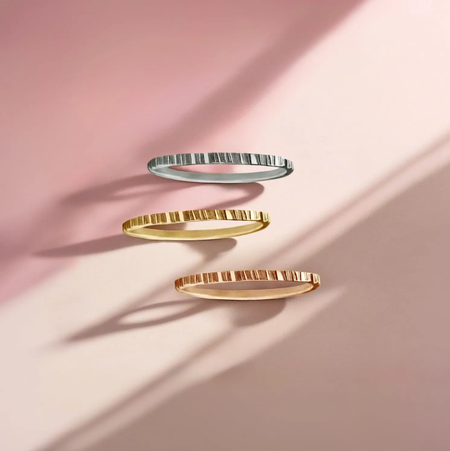 Rugged Stacking Rings | Silver, Gold, or Rose Gold | Lined Hammered Stackable Ring Bands (6.5, 14K Gold Fill)