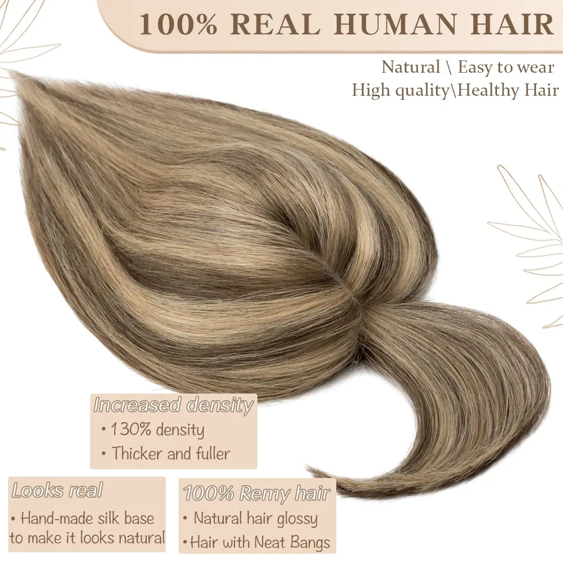 S-noilite Real Human Hair Toppers with Bangs - 130% Density Silk Base Clip in Topper Hairpiece with Fringe - 45g, 14 Inch #4/27 Medium Brown/Dark Blonde