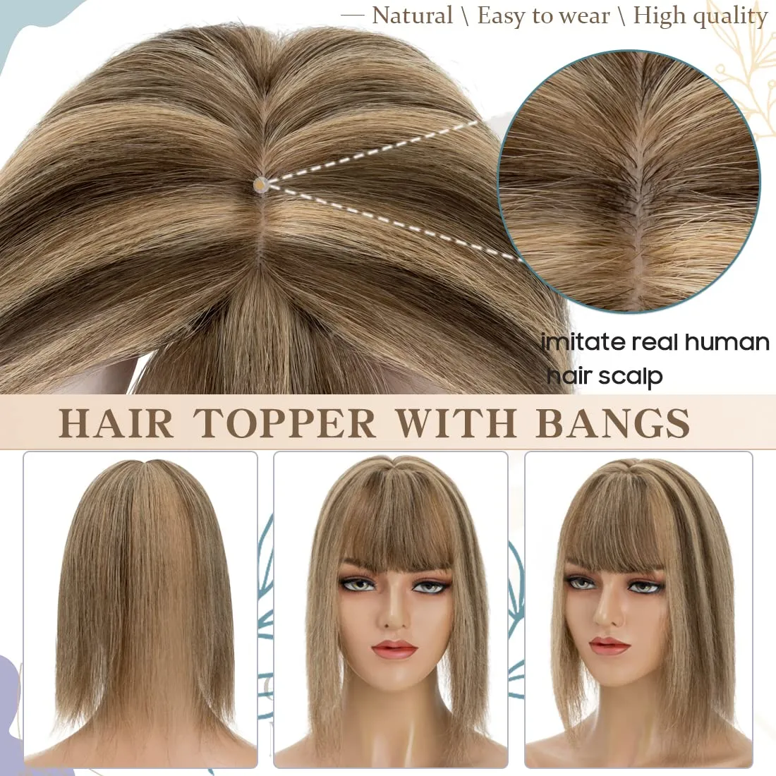 S-noilite Real Human Hair Toppers with Bangs - 130% Density Silk Base Clip in Topper Hairpiece with Fringe - 45g, 14 Inch #4/27 Medium Brown/Dark Blonde
