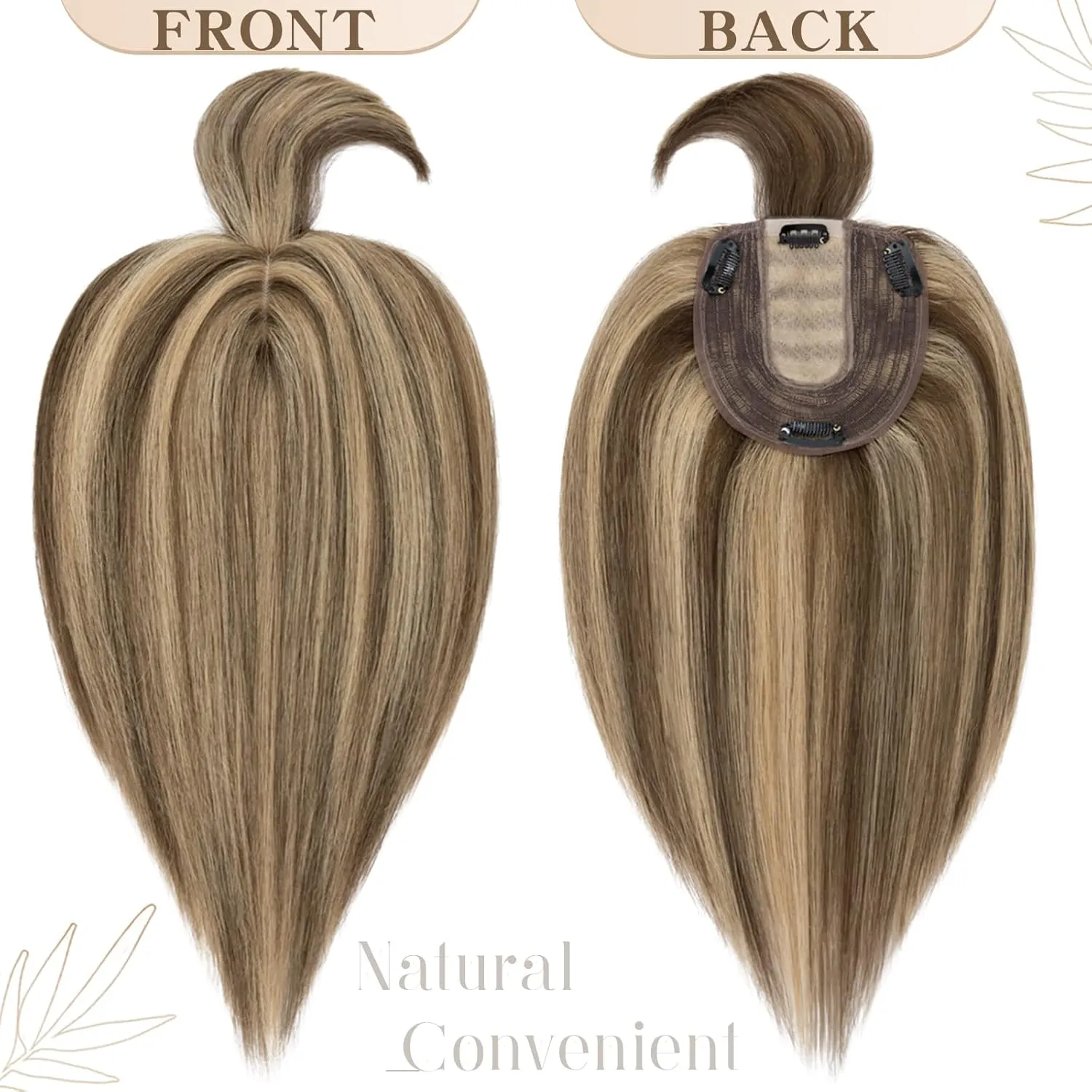 S-noilite Real Human Hair Toppers with Bangs - 130% Density Silk Base Clip in Topper Hairpiece with Fringe - 45g, 14 Inch #4/27 Medium Brown/Dark Blonde