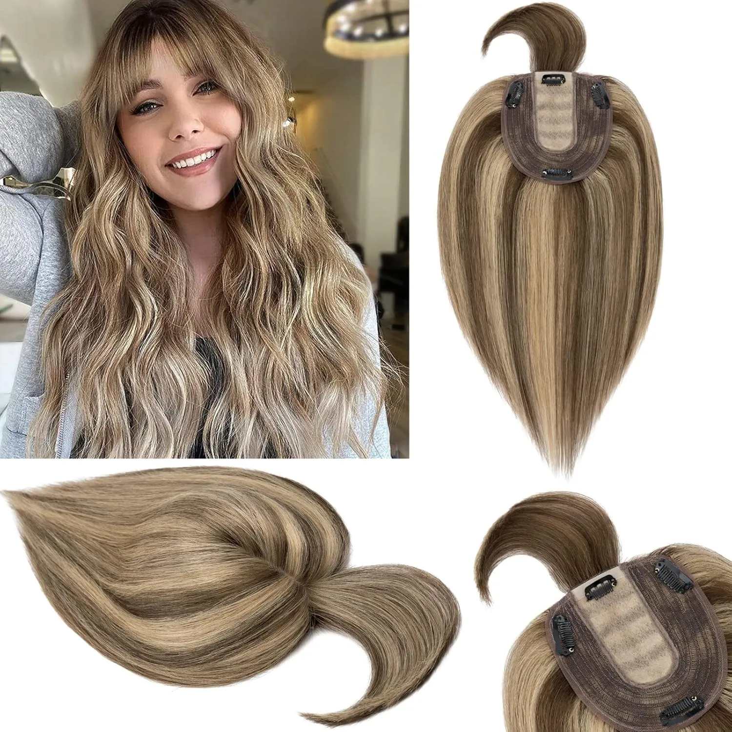 S-noilite Real Human Hair Toppers with Bangs - 130% Density Silk Base Clip in Topper Hairpiece with Fringe - 45g, 14 Inch #4/27 Medium Brown/Dark Blonde