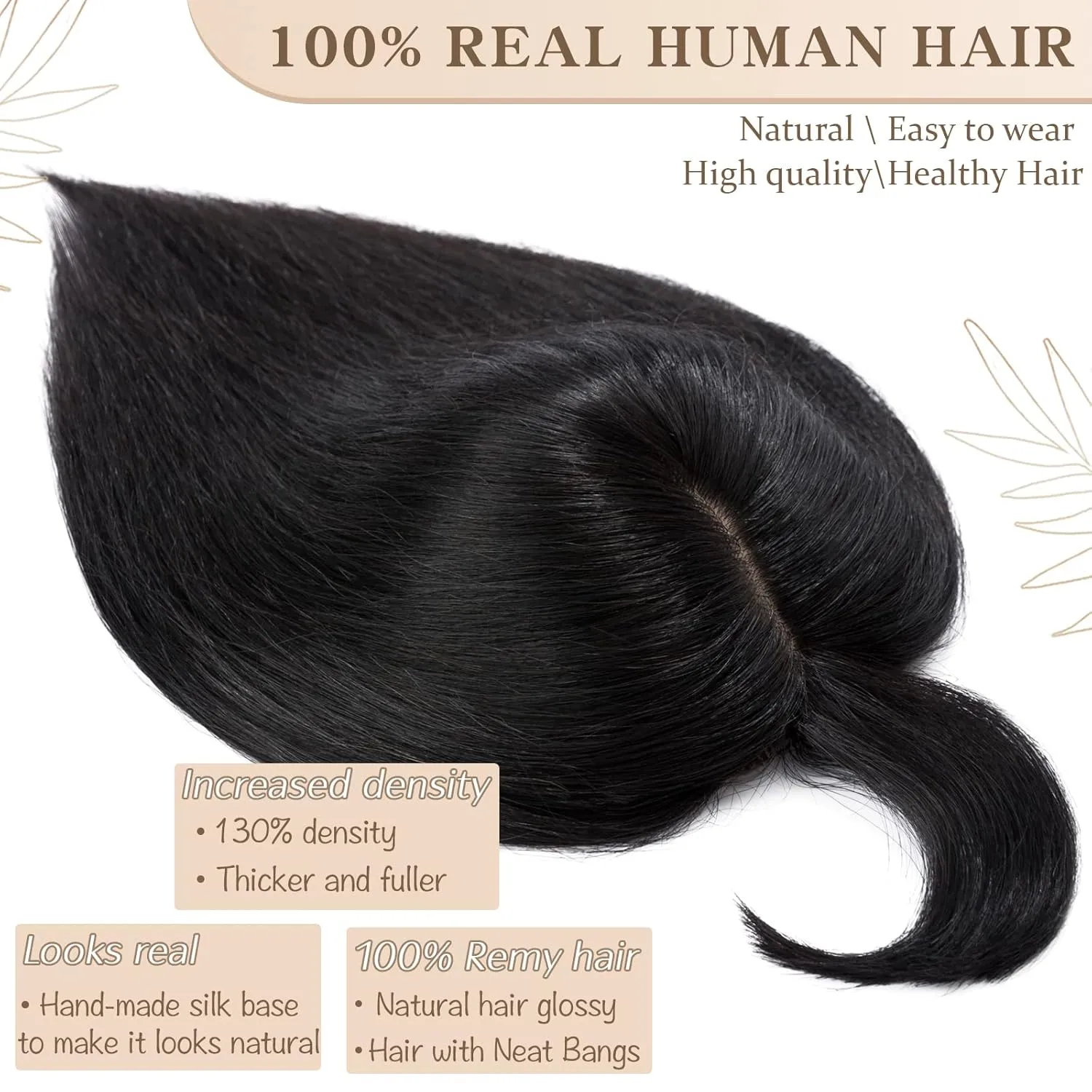 S-noilite Real Human Hair Toppers with Bangs - Clip in Topper Hairpiece with Fringe, 130% Density, Silk Base, 35g, 10 Inch #01 Jet Black