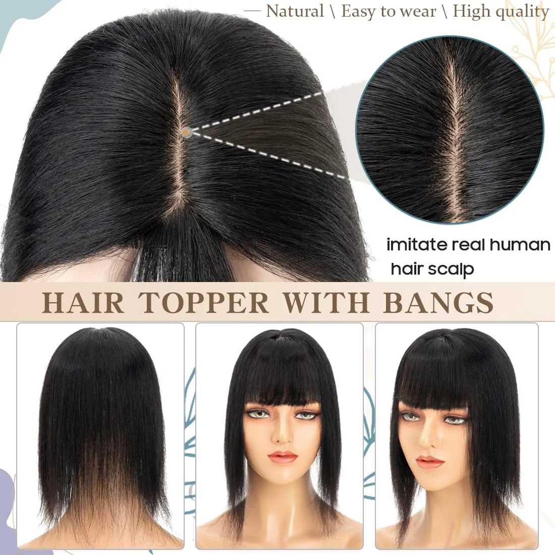 S-noilite Real Human Hair Toppers with Bangs - Clip in Topper Hairpiece with Fringe, 130% Density, Silk Base, 35g, 10 Inch #01 Jet Black