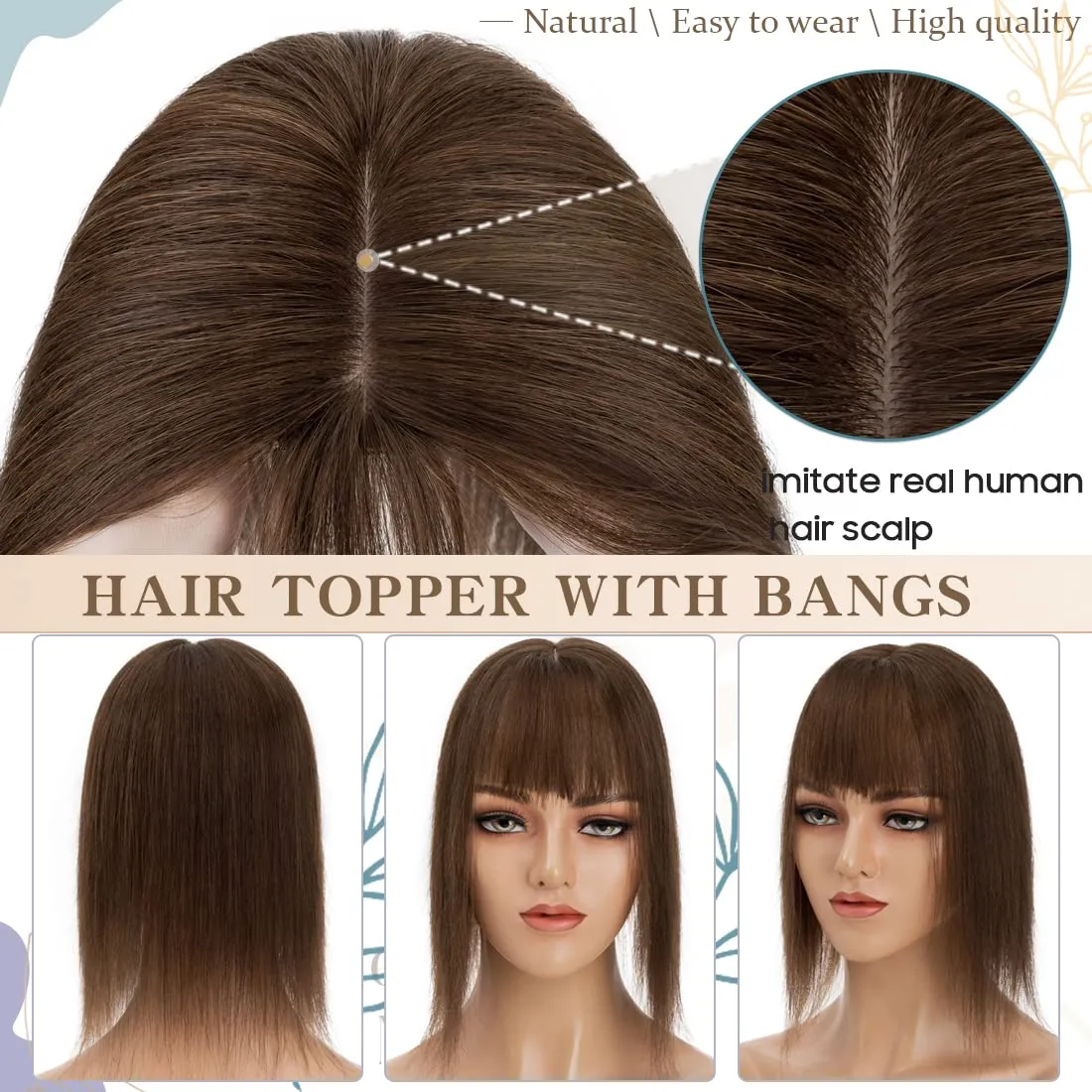S-noilite Real Human Hair Toppers with Bangs - Clip in Topper Hairpiece with Fringe, 130% Density Silk Base, 35g, 10 Inch #04 Medium Brown