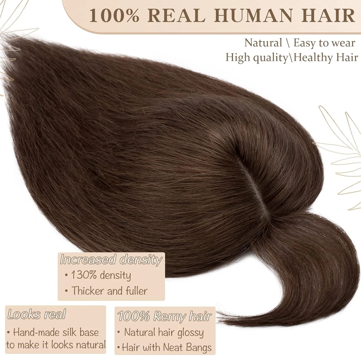 S-noilite Real Human Hair Toppers with Bangs - Clip in Topper Hairpiece with Fringe, 130% Density Silk Base, 35g, 10 Inch #04 Medium Brown