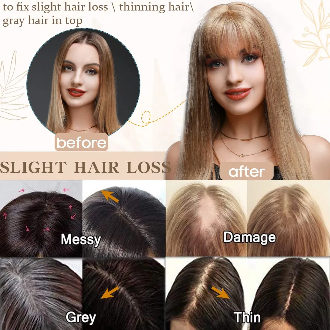 S-noilite Real Human Hair Toppers with Bangs - Clip in Topper Hairpiece with Fringe, 130% Density Silk Base, 35g, 10 Inch #04 Medium Brown