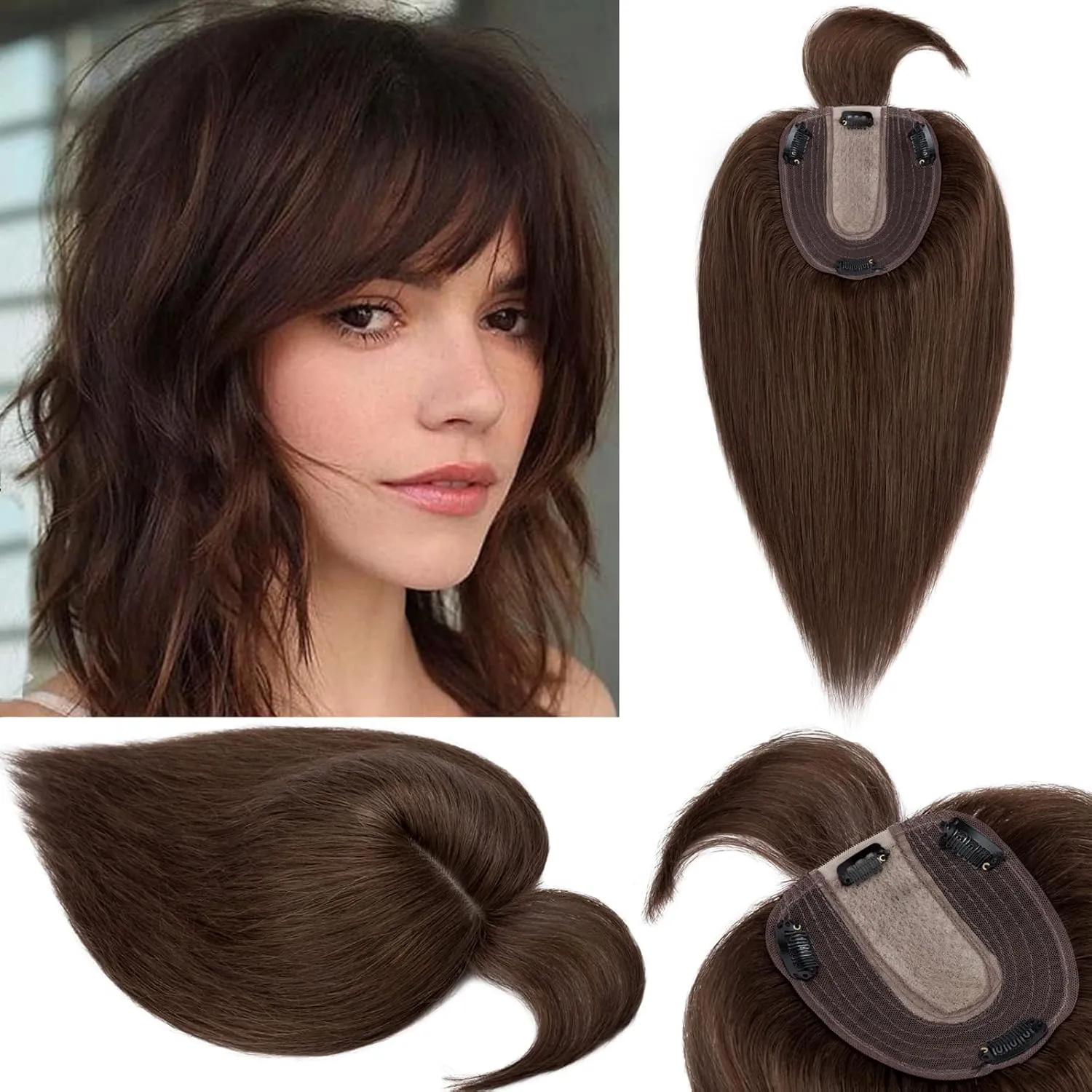 S-noilite Real Human Hair Toppers with Bangs - Clip in Topper Hairpiece with Fringe, 130% Density Silk Base, 35g, 10 Inch #04 Medium Brown