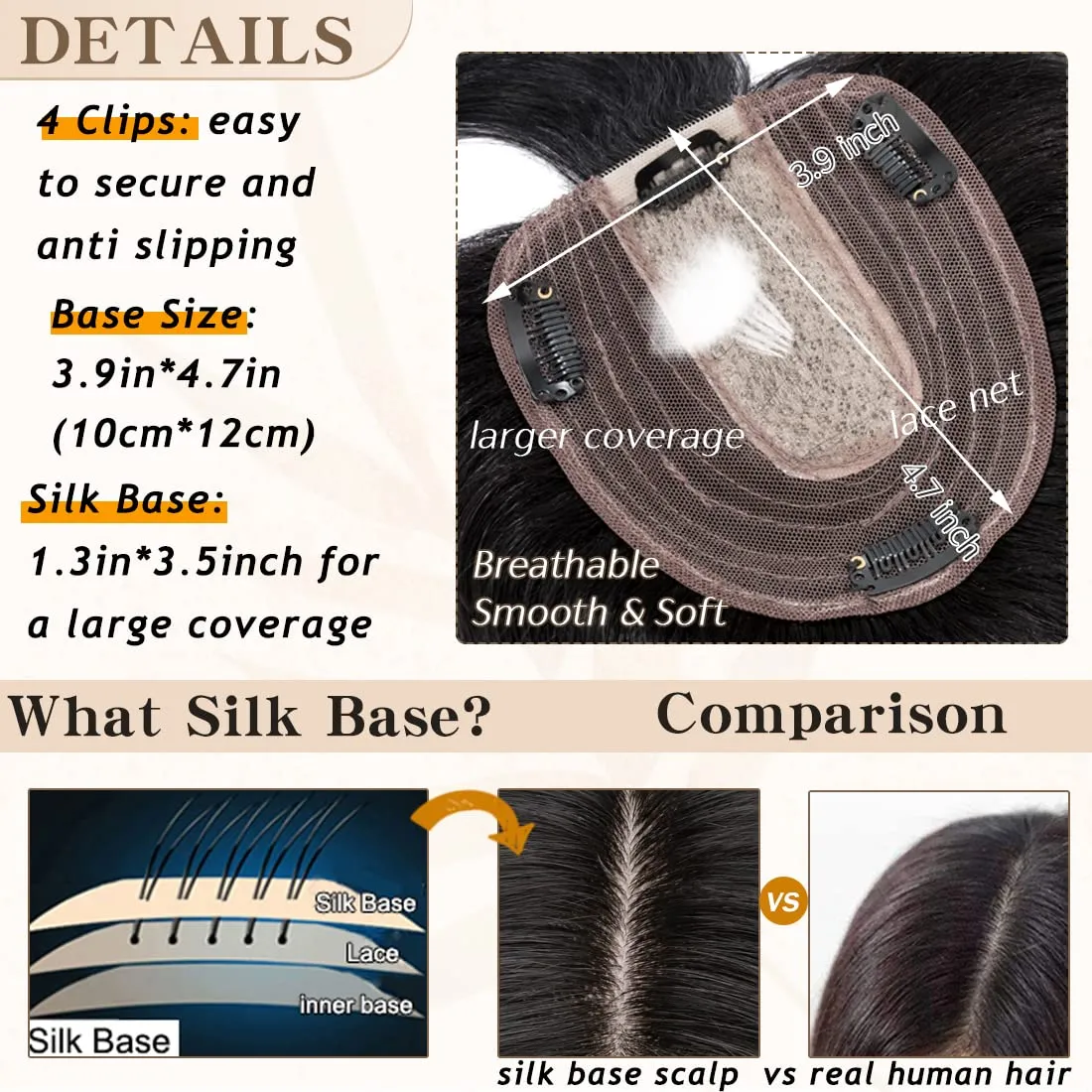 S-noilite Real Human Hair Toppers with Bangs - Clip in Topper Hairpiece with Fringe, 130% Density Silk Base, 35g, 10 Inch #04 Medium Brown