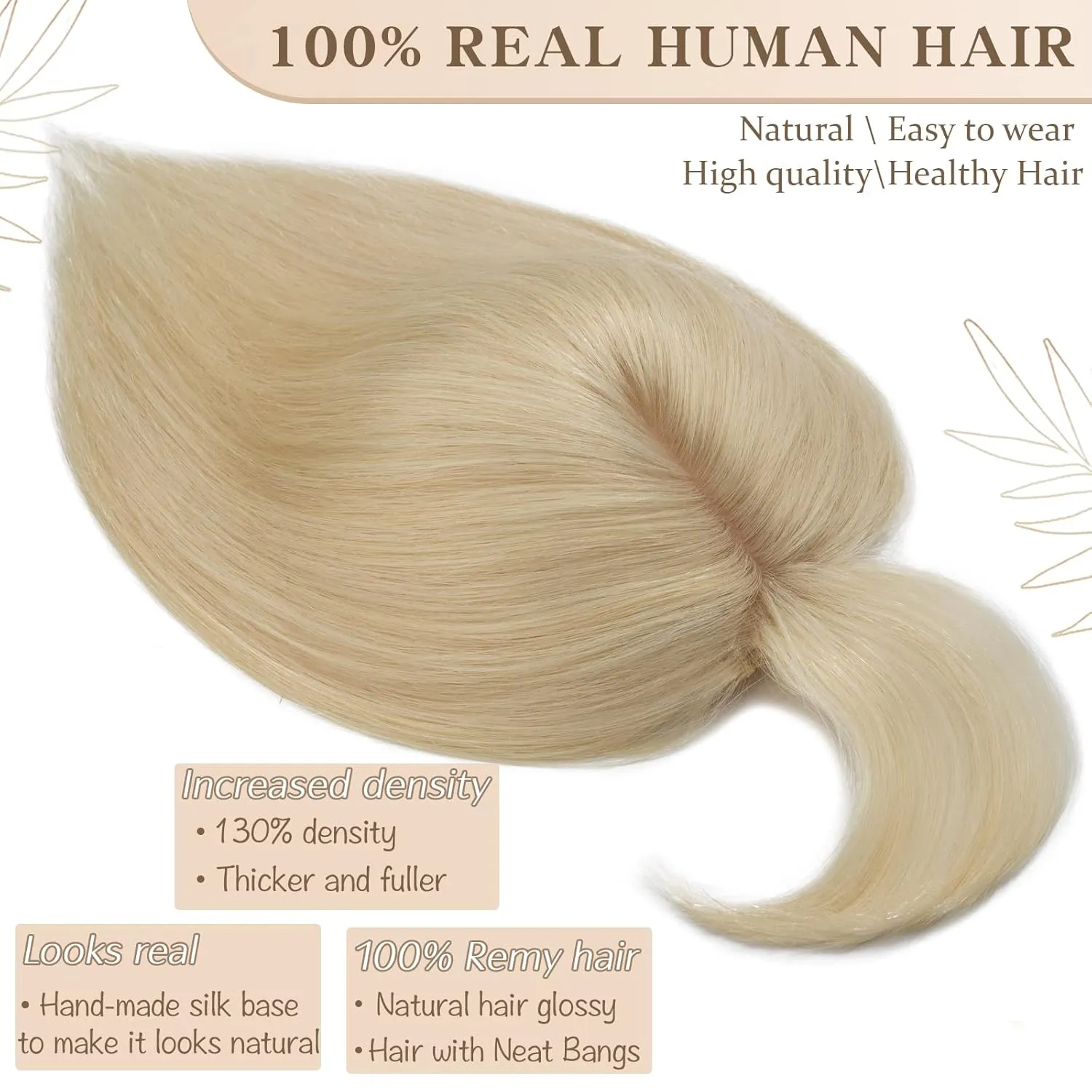 S-noilite Real Human Hair Toppers with Bangs - Clip in Topper Hairpiece with Fringe, 130% Density, Silk Base, 35g, 10 Inch, Bleach Blonde