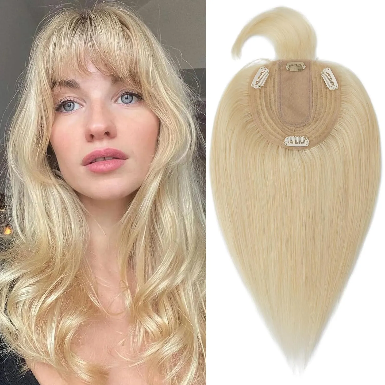 S-noilite Real Human Hair Toppers with Bangs - Clip in Topper Hairpiece with Fringe, 130% Density, Silk Base, 35g, 10 Inch, Bleach Blonde