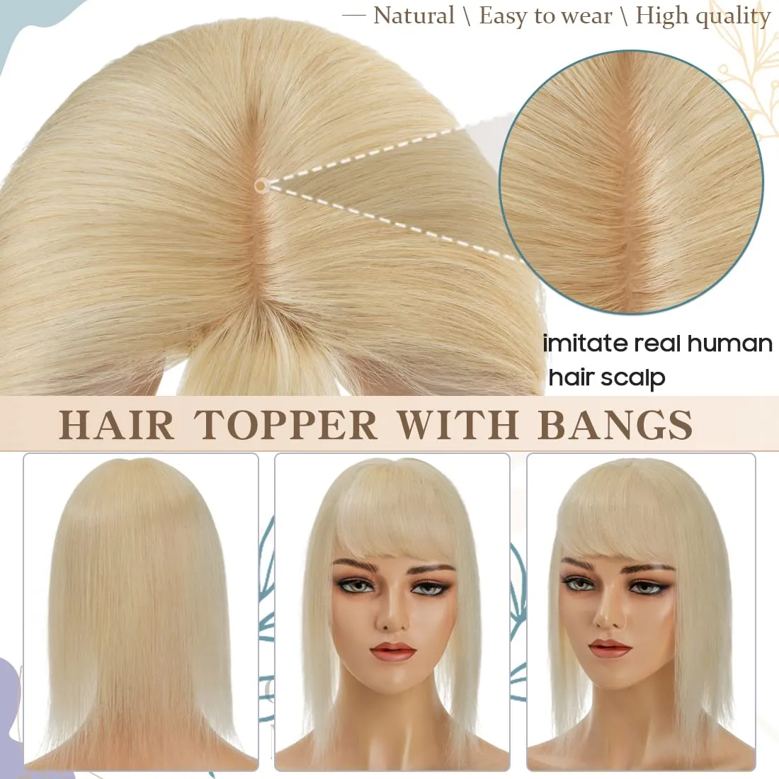 S-noilite Real Human Hair Toppers with Bangs - Clip in Topper Hairpiece with Fringe, 130% Density, Silk Base, 35g, 10 Inch, Bleach Blonde