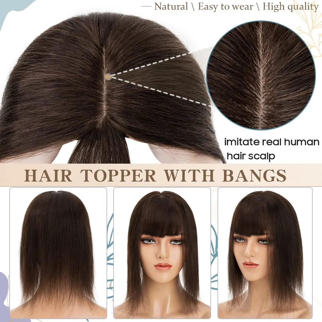 S-noilite Real Human Hair Toppers with Bangs - Clip in Topper Hairpiece with Fringe, 130% Density Silk Base, 45g, 14 Inch #02 Dark Brown