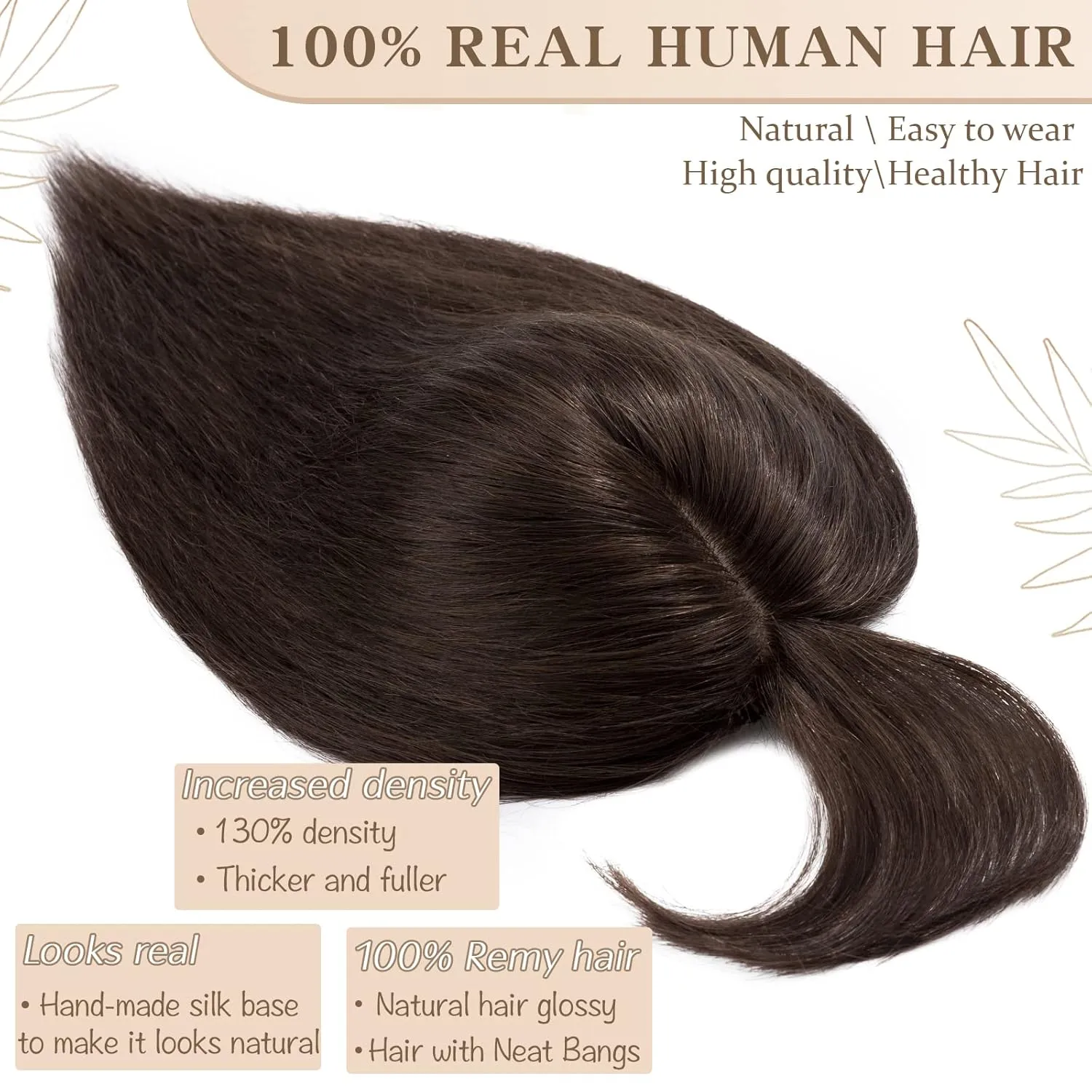 S-noilite Real Human Hair Toppers with Bangs - Clip in Topper Hairpiece with Fringe, 130% Density Silk Base, 45g, 14 Inch #02 Dark Brown