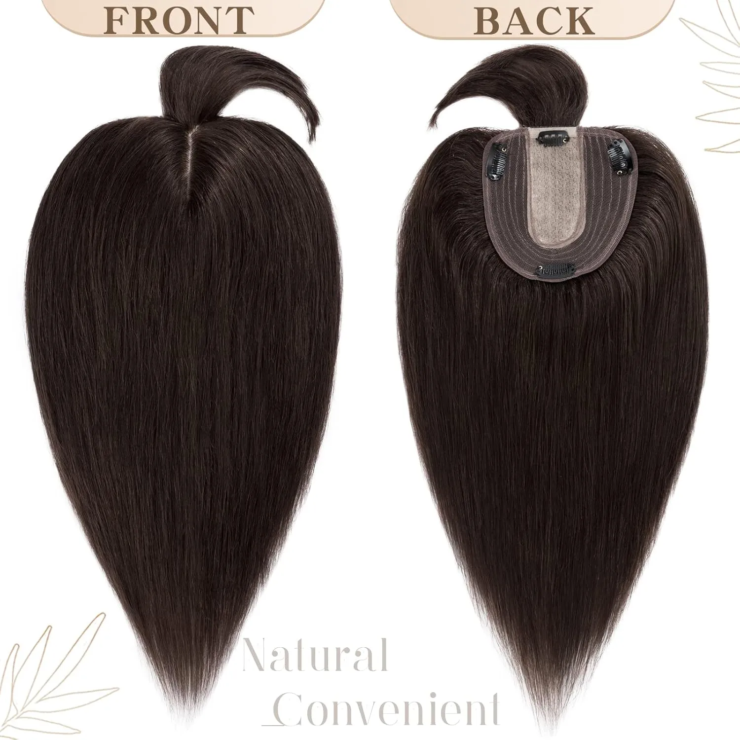 S-noilite Real Human Hair Toppers with Bangs - Clip in Topper Hairpiece with Fringe, 130% Density Silk Base, 45g, 14 Inch #02 Dark Brown