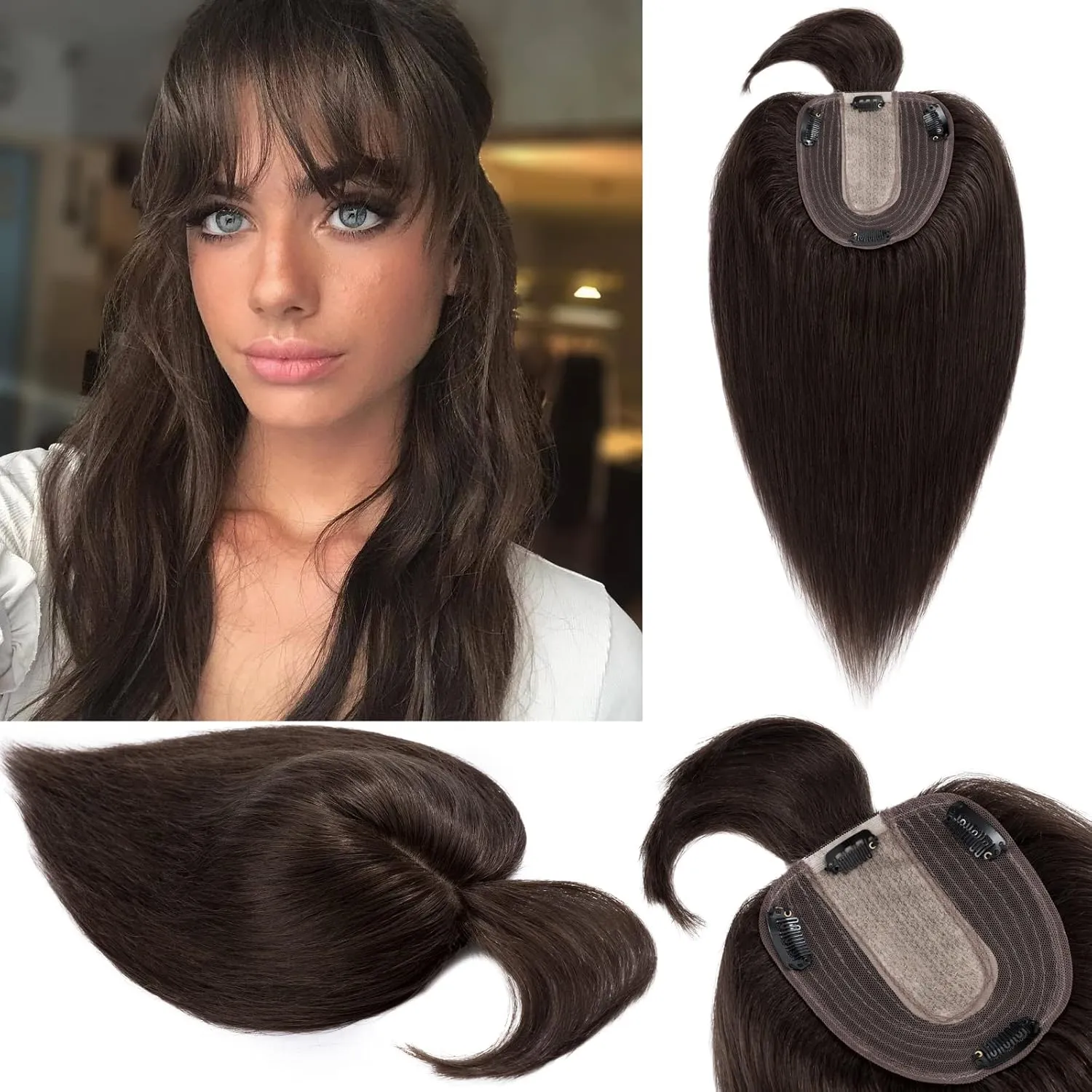 S-noilite Real Human Hair Toppers with Bangs - Clip in Topper Hairpiece with Fringe, 130% Density Silk Base, 45g, 14 Inch #02 Dark Brown