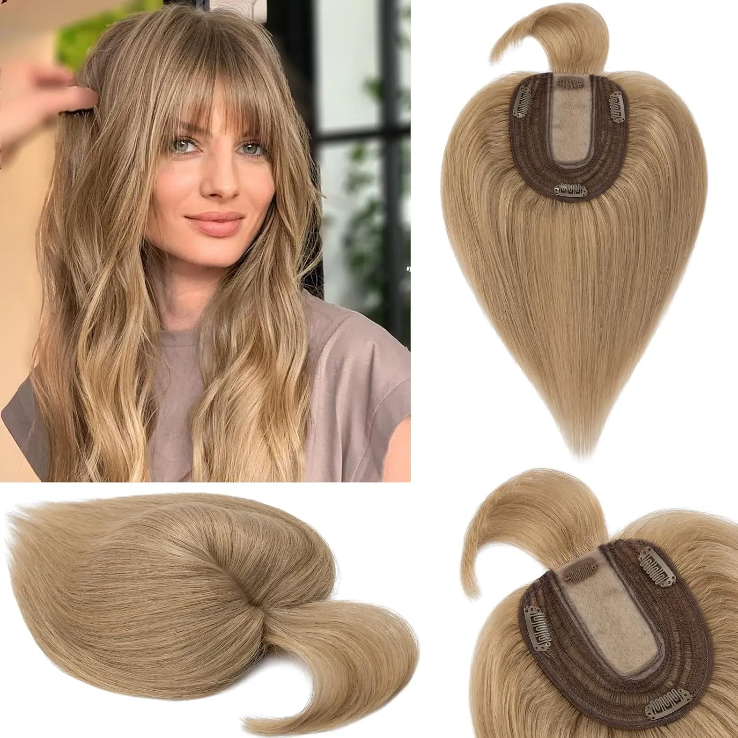 S-noilite Real Human Hair Toppers with Bangs - Clip in Topper Hairpiece with Fringe, 130% Density Silk Base, 45g, 14 Inch #27 Dark Blonde