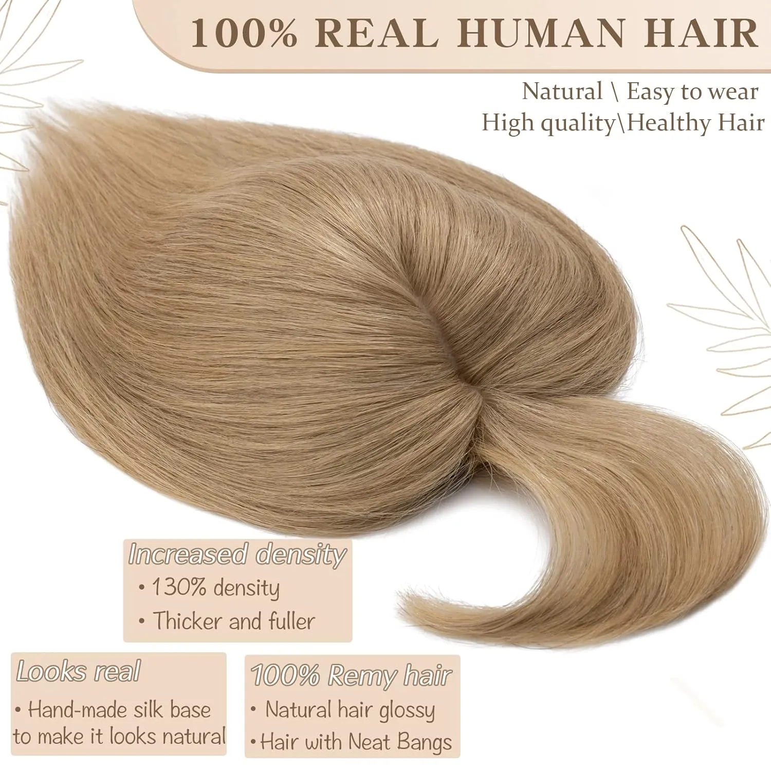 S-noilite Real Human Hair Toppers with Bangs - Clip in Topper Hairpiece with Fringe, 130% Density Silk Base, 45g, 14 Inch #27 Dark Blonde