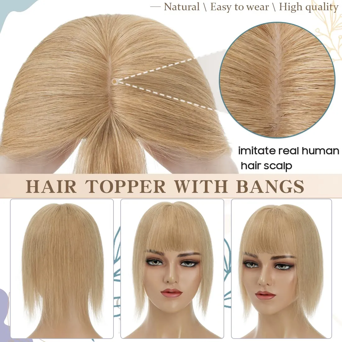 S-noilite Real Human Hair Toppers with Bangs - Clip in Topper Hairpiece with Fringe, 130% Density Silk Base, 45g, 14 Inch #27 Dark Blonde