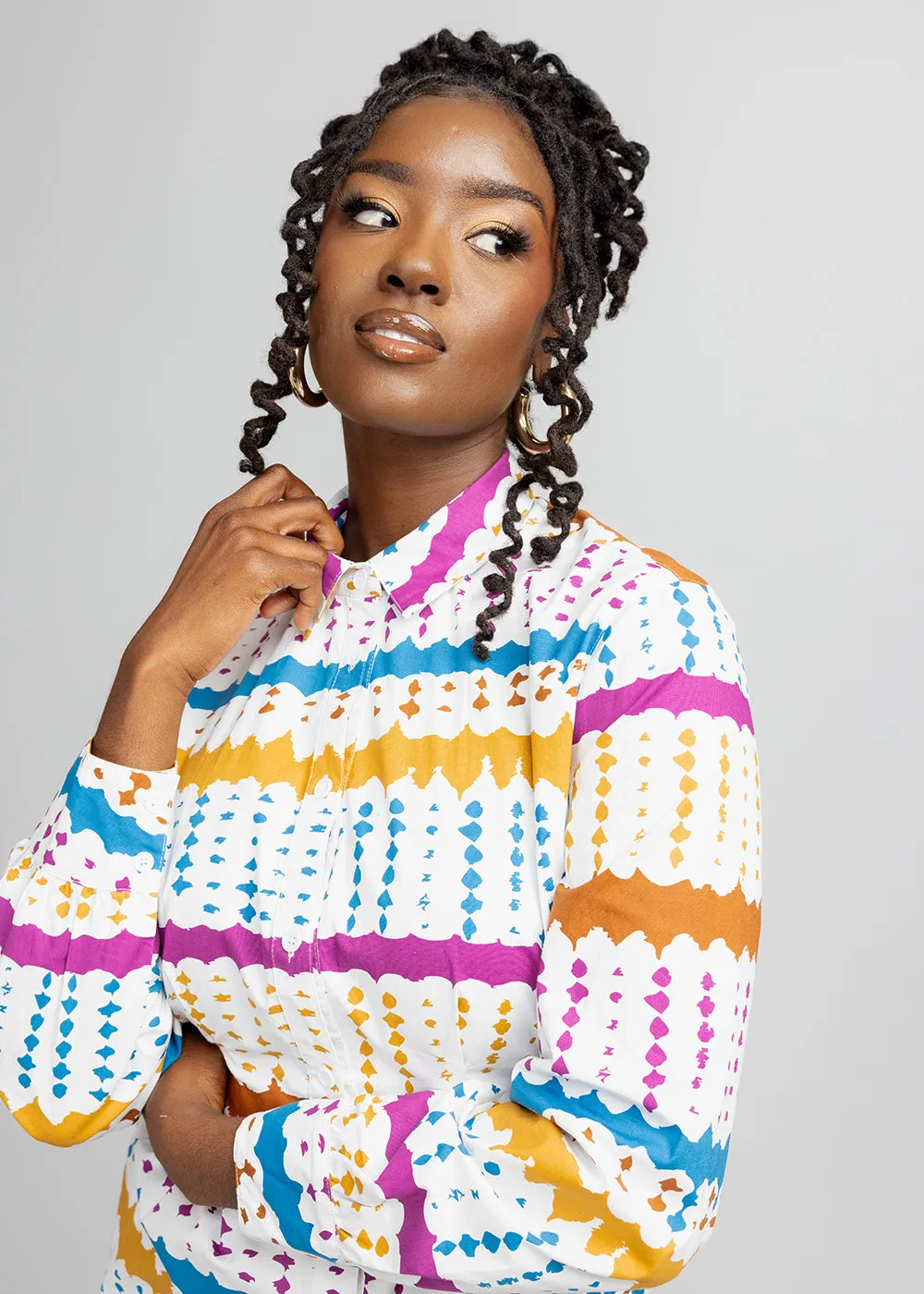 Safi Women's African Print Button-Up Shirt Dress (White Nautical Adire)