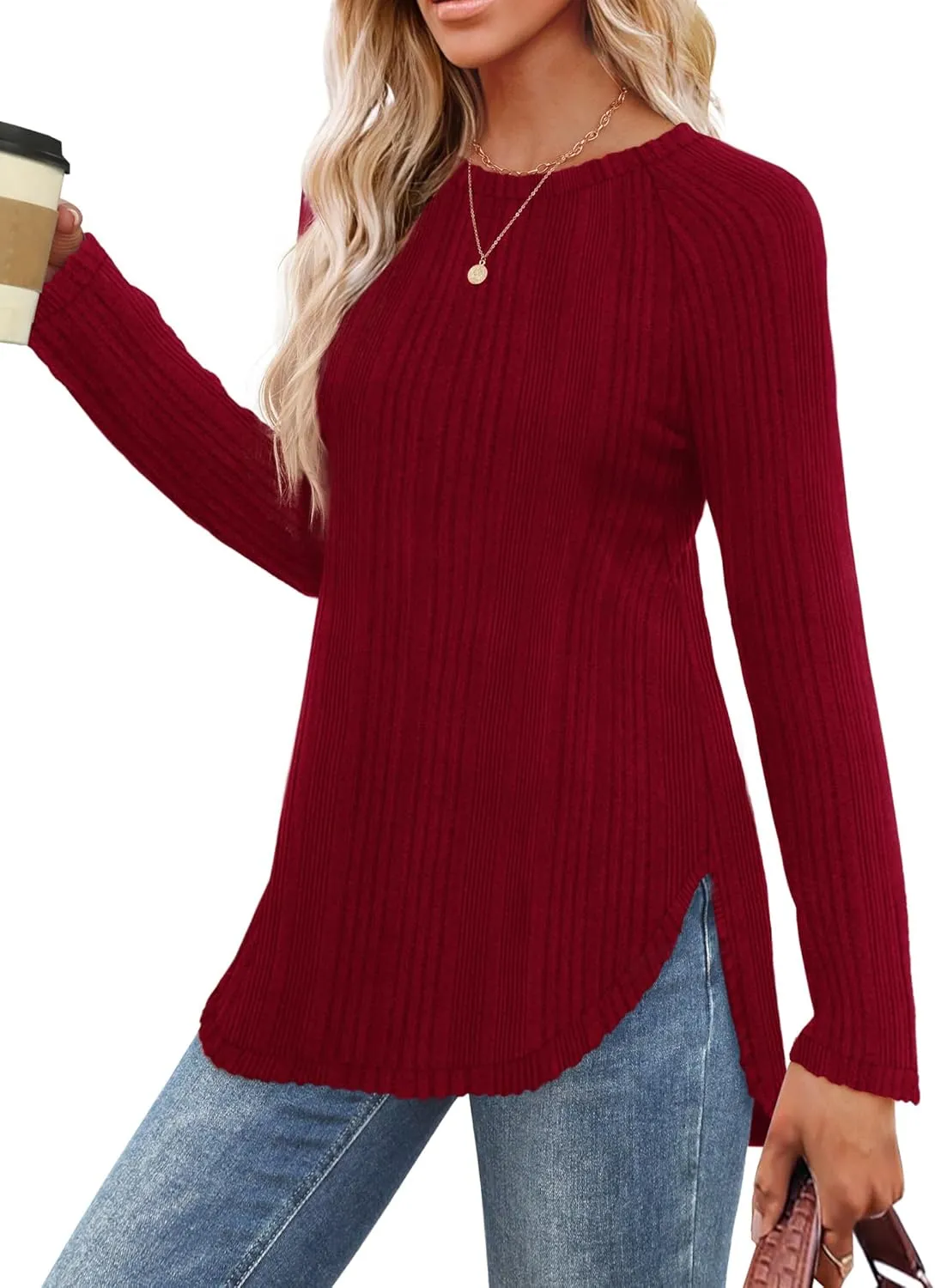 Saloogoe Long Sleeve Shirts for Women Tunic Tops for Women Loose Fit Dressy Crew Neck Pullover Basic Sweaters for Women 2024