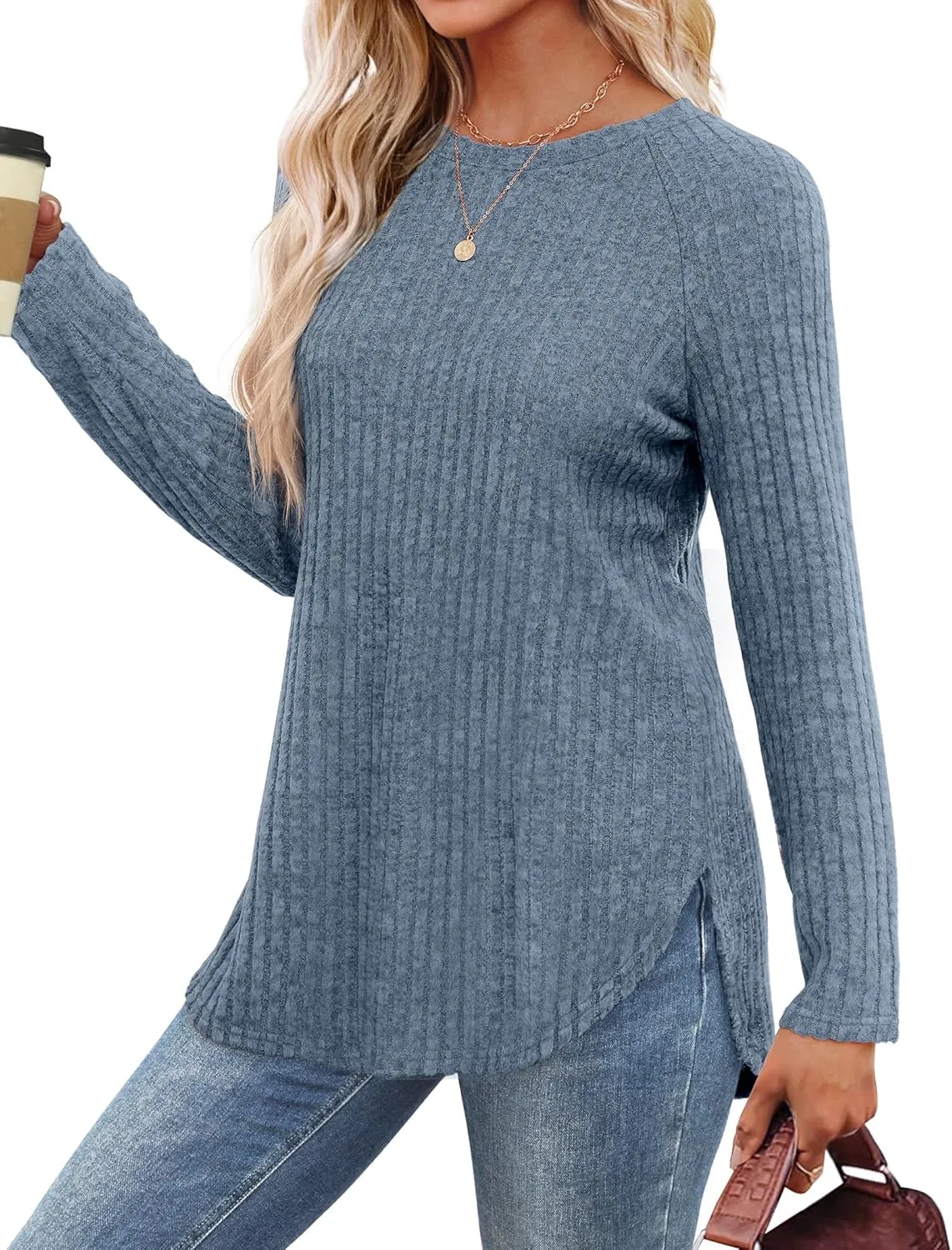 Saloogoe Long Sleeve Shirts for Women Tunic Tops for Women Loose Fit Dressy Crew Neck Pullover Basic Sweaters for Women 2024