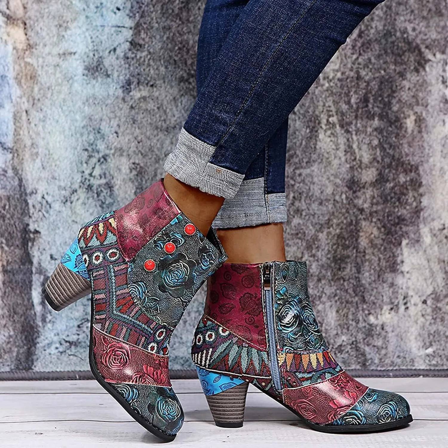 SBGMoSJ Ankle Boots Men Western High Heels Ankle Boots for Women Womens Black Dress Boots Ankle Wide Ankle Booties Women's Ankle Boots Blue Leather