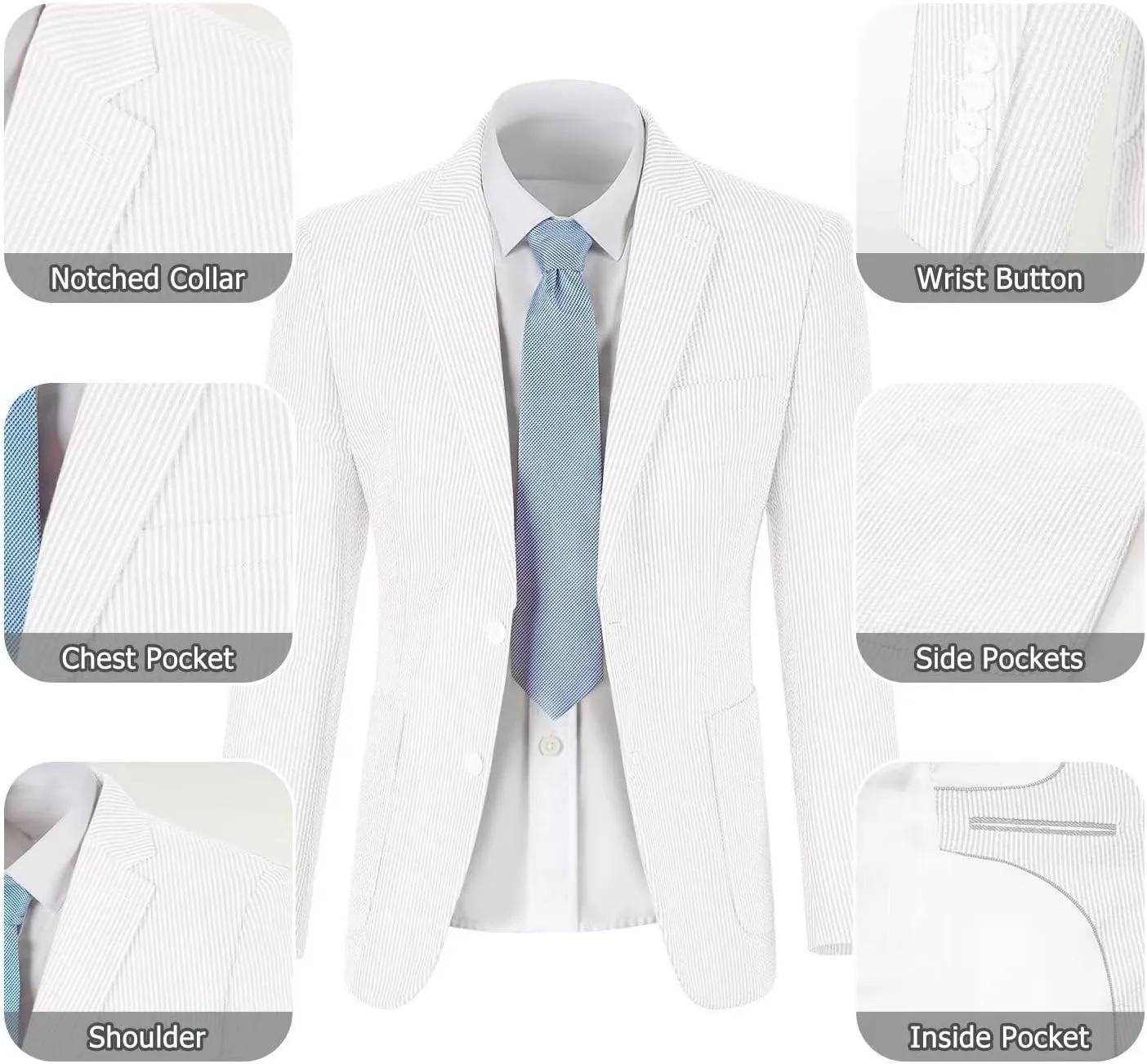 Seersucker Slim Suits for Men Formal Casul Summer Beach Wedding Grooms 2 Piece Blazer Pants Party Striped Suit Sets