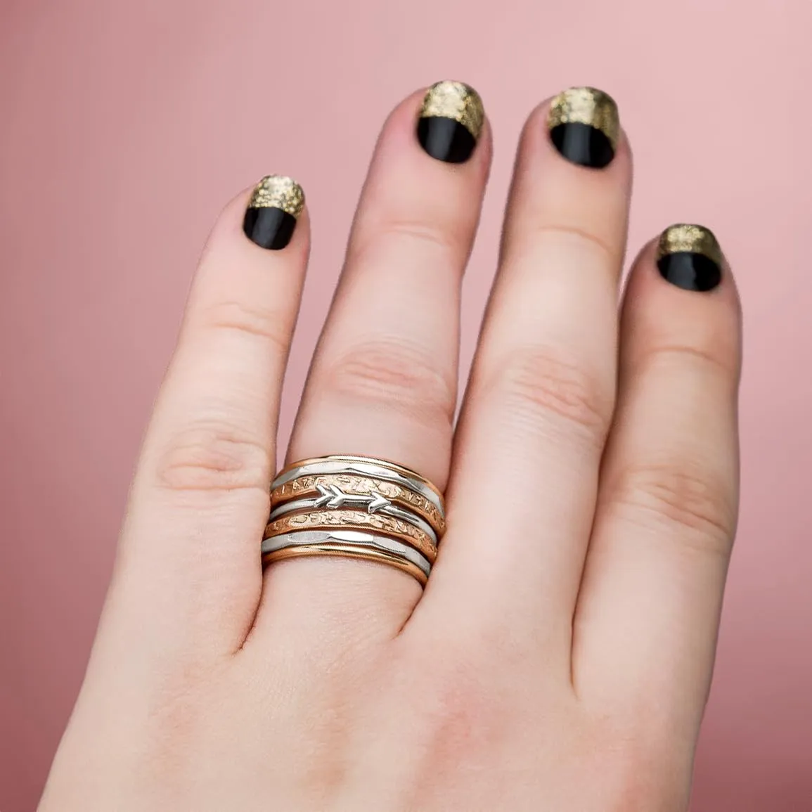 Set of 7 Thin Arrow Stacking Rings in 925 Sterling Silver and 14K Gold Fill for Women and Girls | Comfort Fit | USA Sizes 4-12 (7.5)