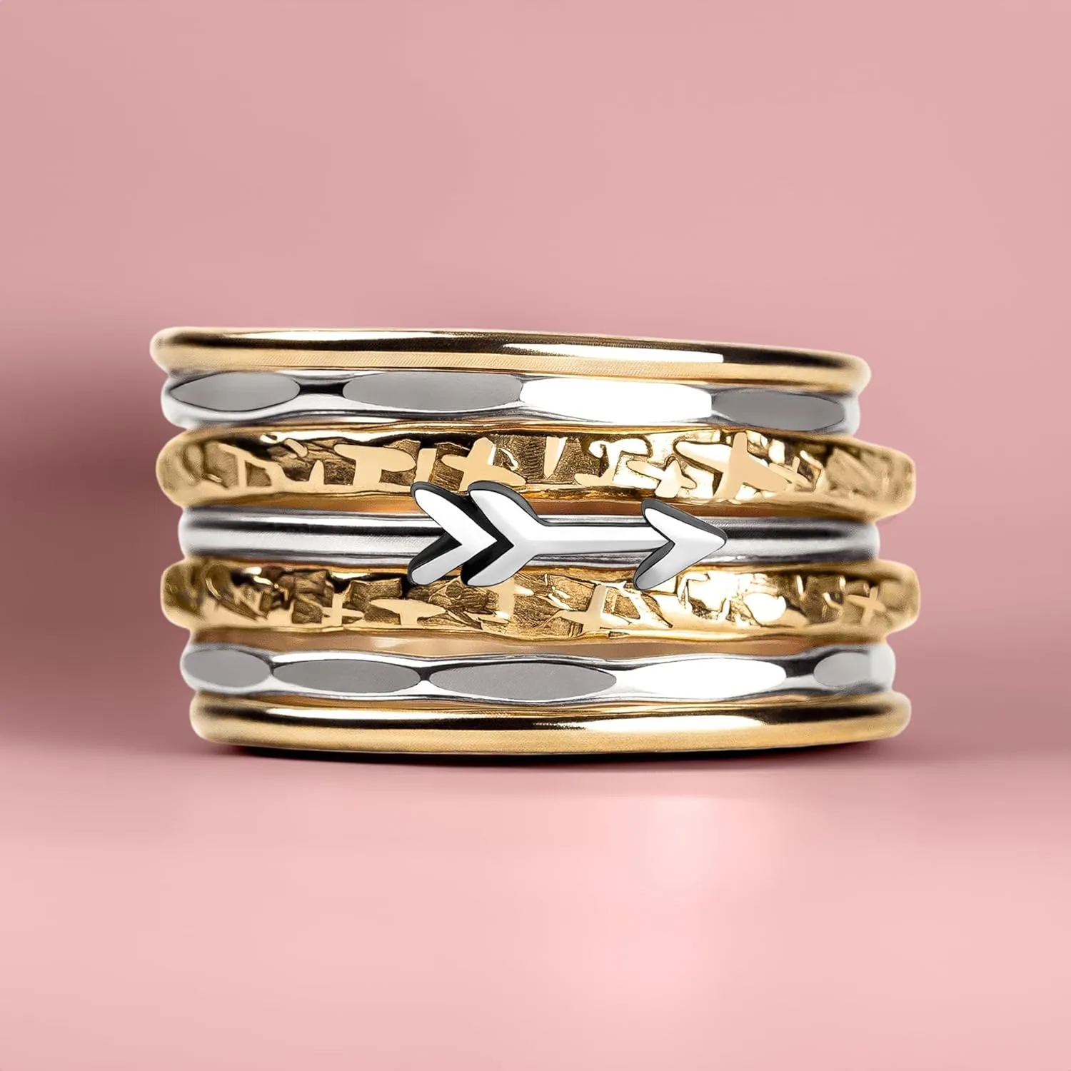 Set of 7 Thin Arrow Stacking Rings in 925 Sterling Silver and 14K Gold Fill for Women and Girls | Comfort Fit | USA Sizes 4-12 (7.5)