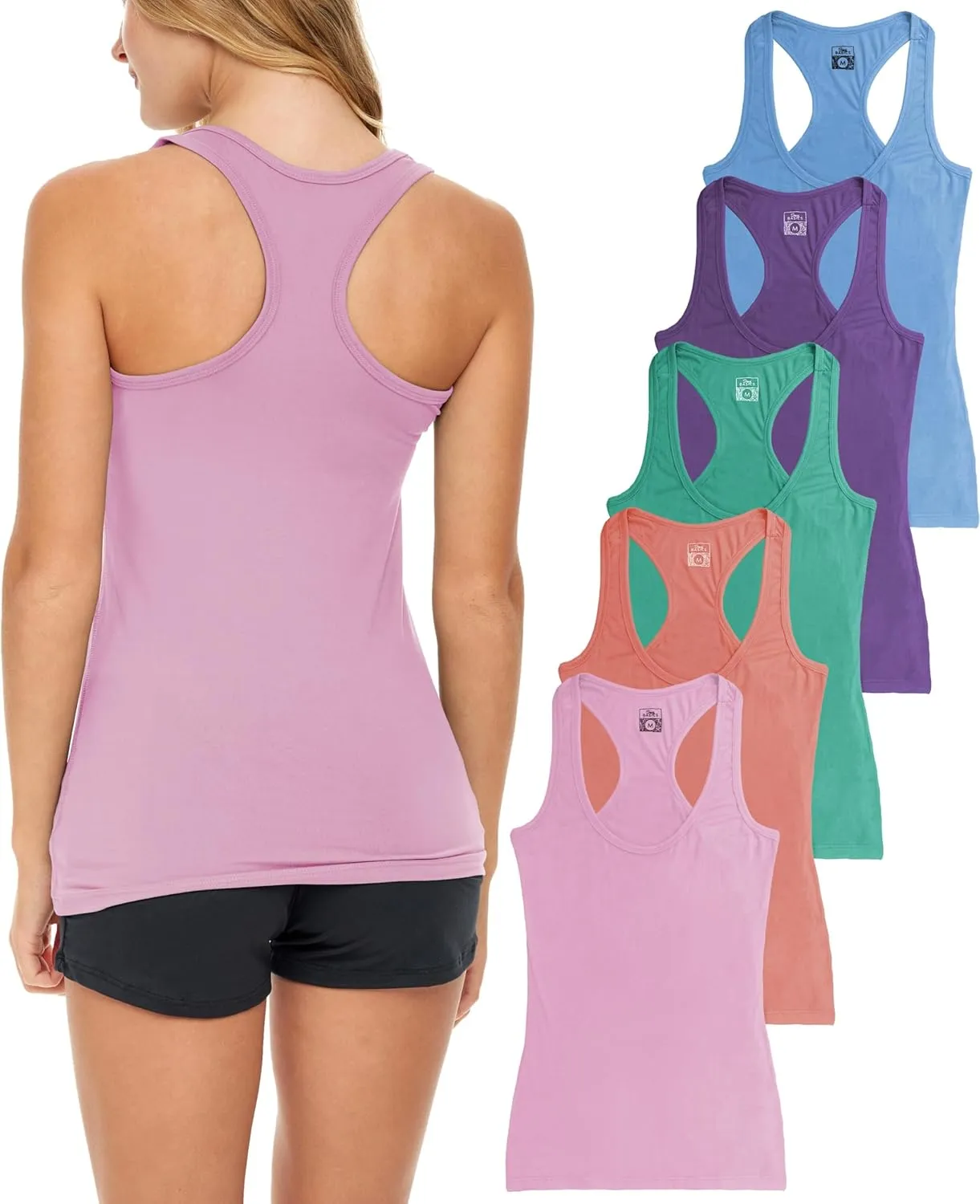 Sexy Basics Women's 5 Pack Racerback PowerFlex Tank Tops/Cotton -Spandex Stretch Color Tank Tops