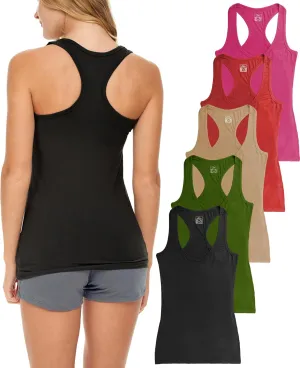 Sexy Basics Women's 5 Pack Racerback PowerFlex Tank Tops/Cotton -Spandex Stretch Color Tank Tops
