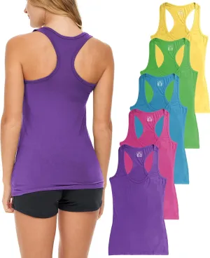 Sexy Basics Women's 5 Pack Racerback PowerFlex Tank Tops/Cotton -Spandex Stretch Color Tank Tops