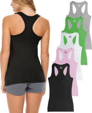 Sexy Basics Women's 5 Pack Racerback PowerFlex Tank Tops/Cotton -Spandex Stretch Color Tank Tops
