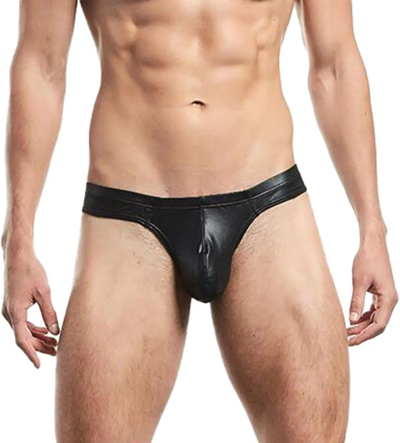 Sexy G String Thongs for Men Soft PU leather Bulge Pouch T-Back Low Waist Cut Out Lingerie Elastic Seamless Underwear