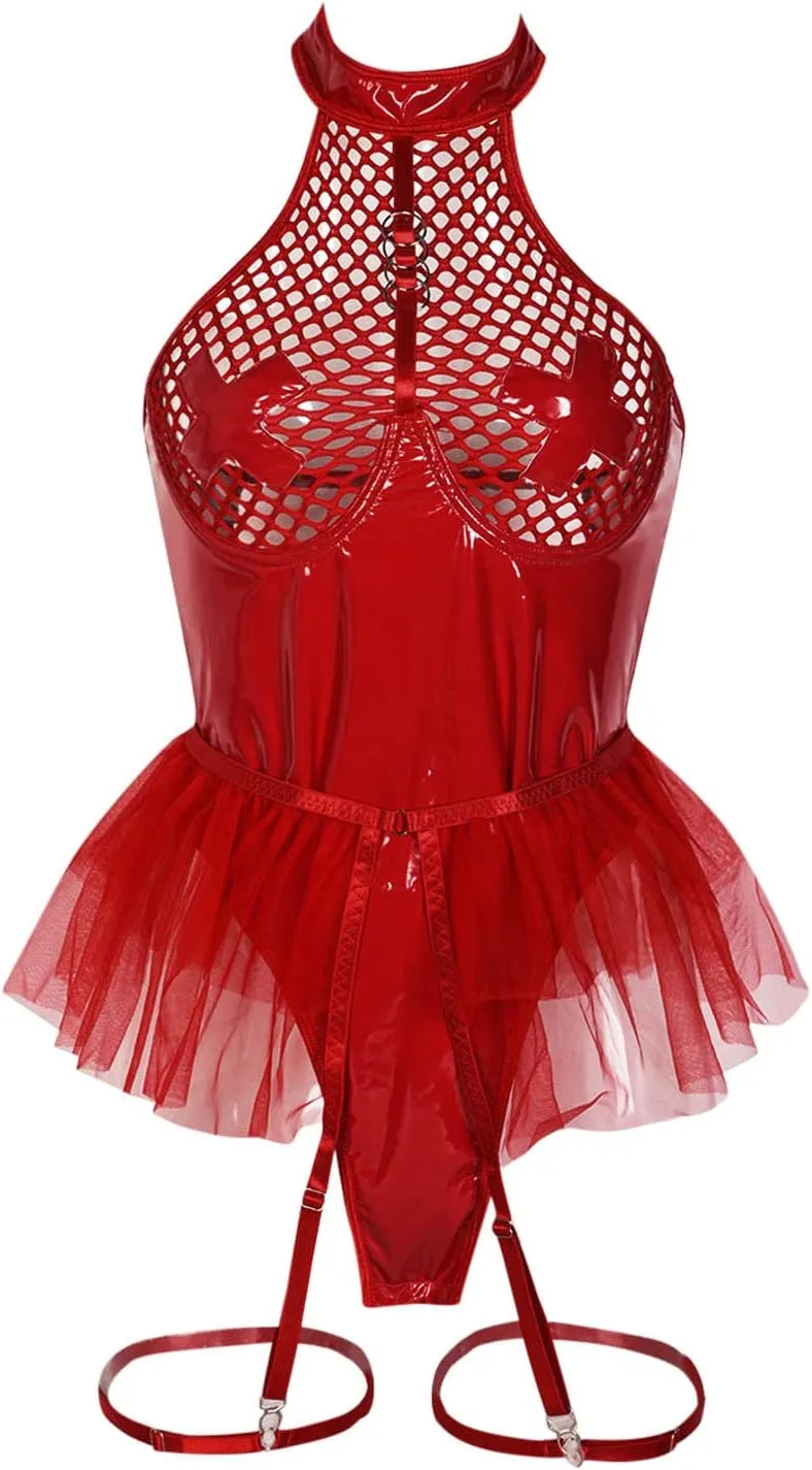 Sexy Lingerie for Women Patent Leather Chemises Hollow Out Halter Neck Bodysuits Mesh Sheer Bodysuit with Garters