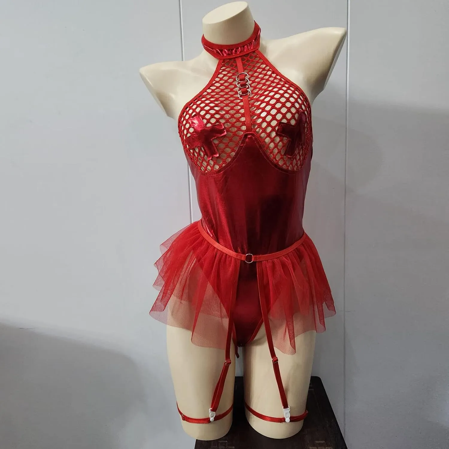 Sexy Lingerie for Women Patent Leather Chemises Hollow Out Halter Neck Bodysuits Mesh Sheer Bodysuit with Garters