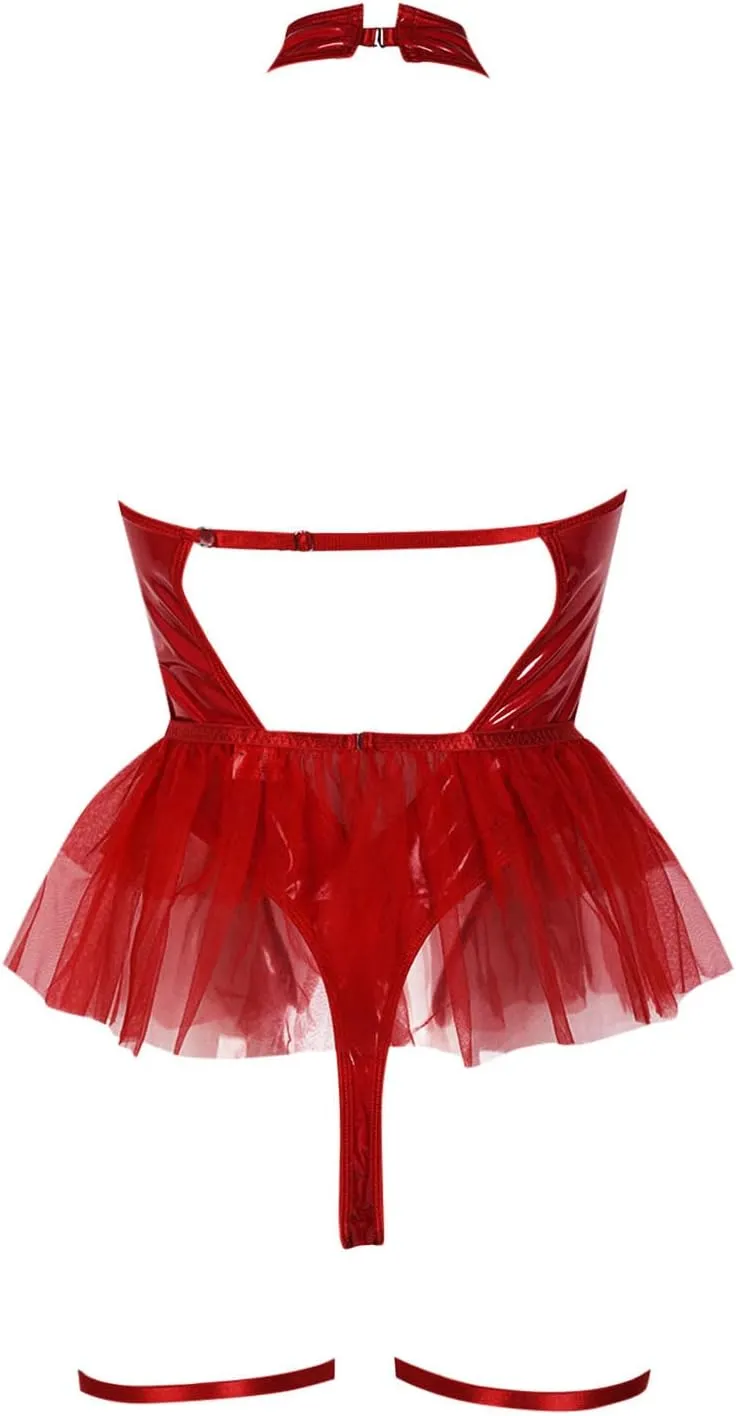 Sexy Lingerie for Women Patent Leather Chemises Hollow Out Halter Neck Bodysuits Mesh Sheer Bodysuit with Garters