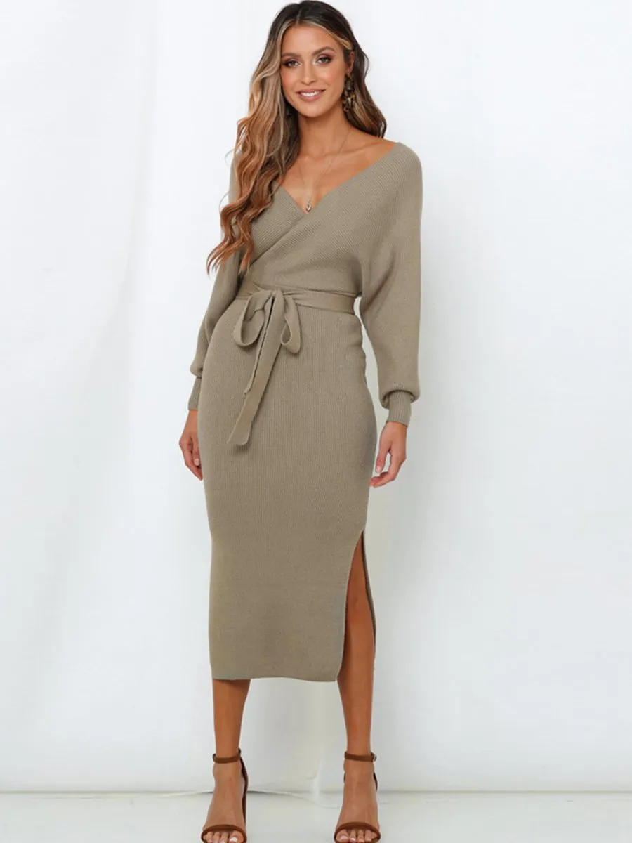Sexy V Neck Mid-length Sweater Knitted Dress