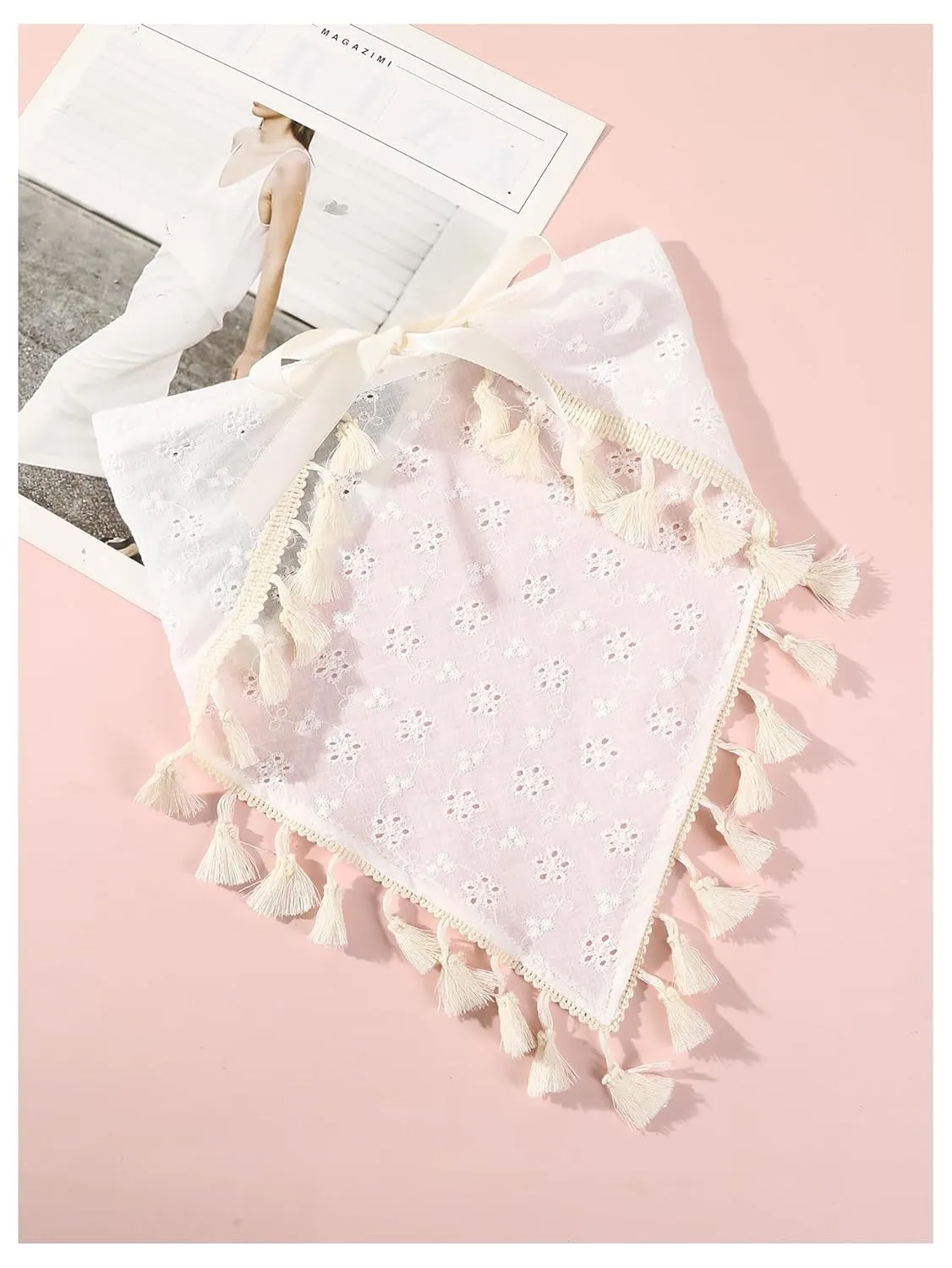 SHENHE Women's Tassel Trim Hair Scarf Headband Eyelet Fringe Triangle Bandana Kerchief White One-Size