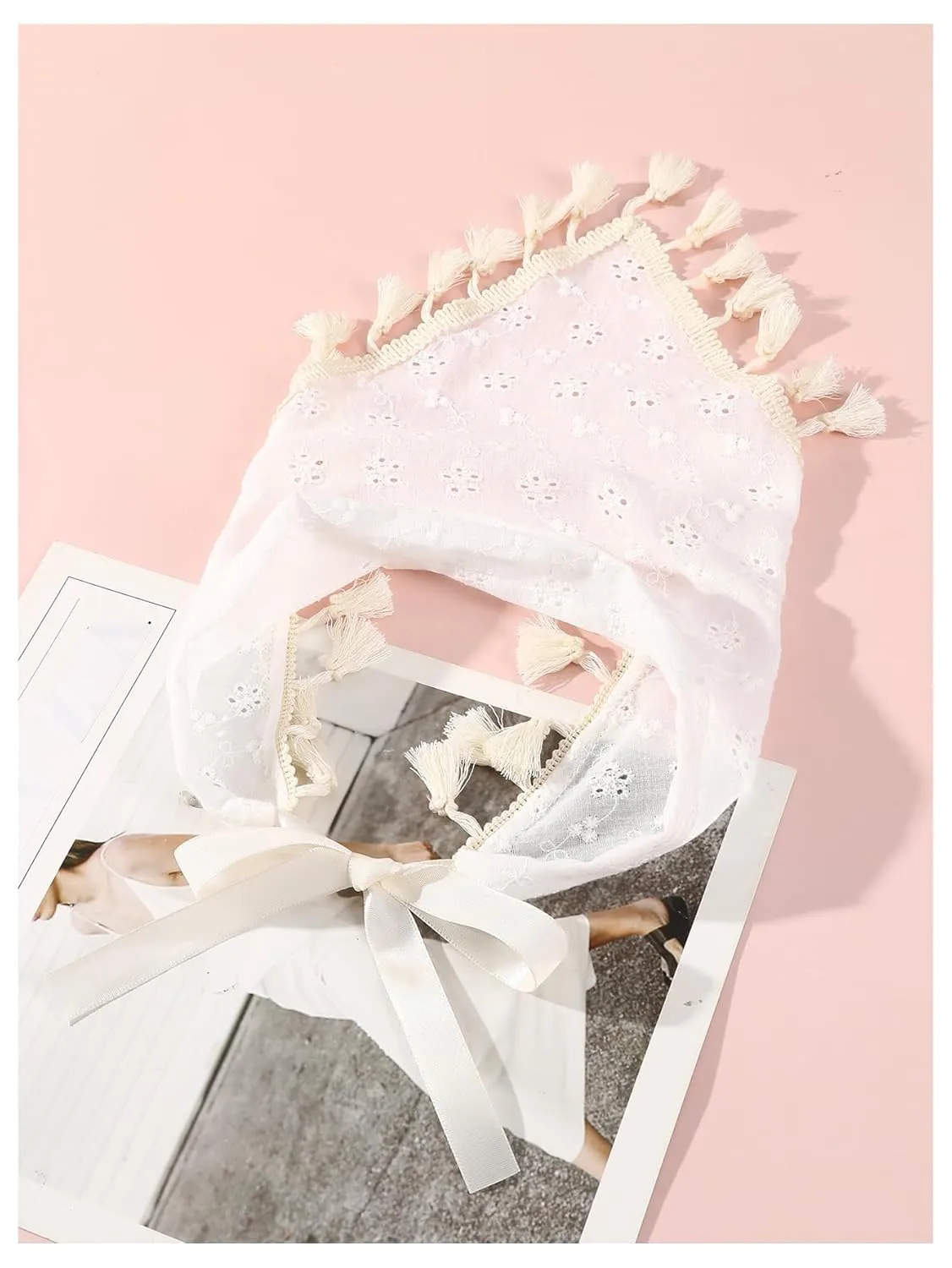SHENHE Women's Tassel Trim Hair Scarf Headband Eyelet Fringe Triangle Bandana Kerchief White One-Size