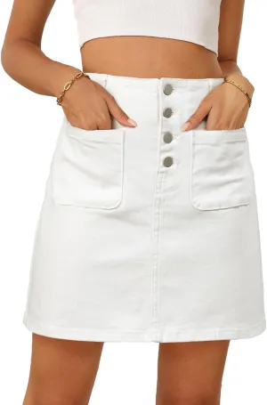 Sidefeel Women's Jean Skirt High Waist Summer Stretch Zimbaplatinum Denim Skirt Button Mini Skirt with Pockets