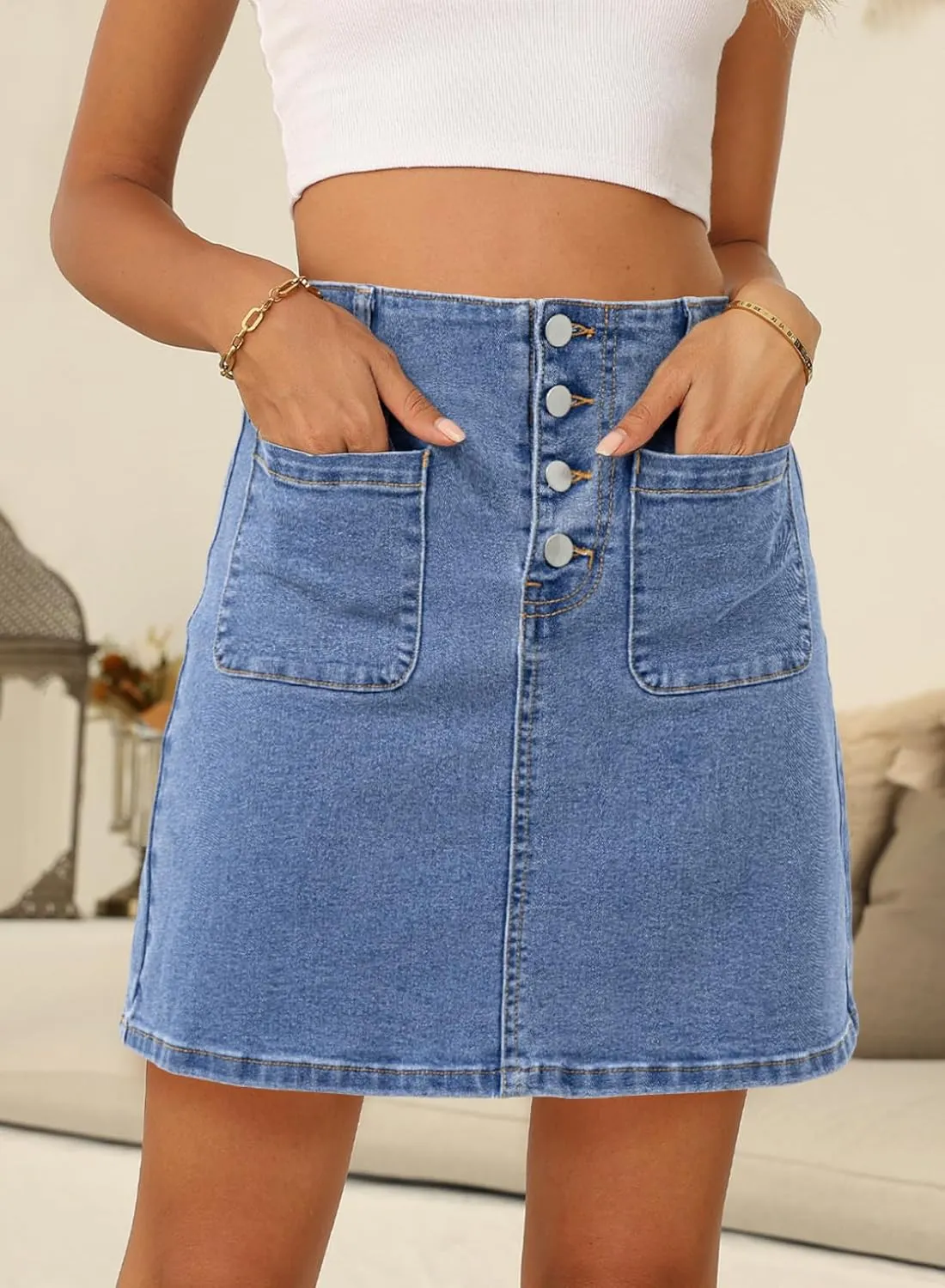 Sidefeel Women's Jean Skirt High Waist Summer Stretch Zimbaplatinum Denim Skirt Button Mini Skirt with Pockets