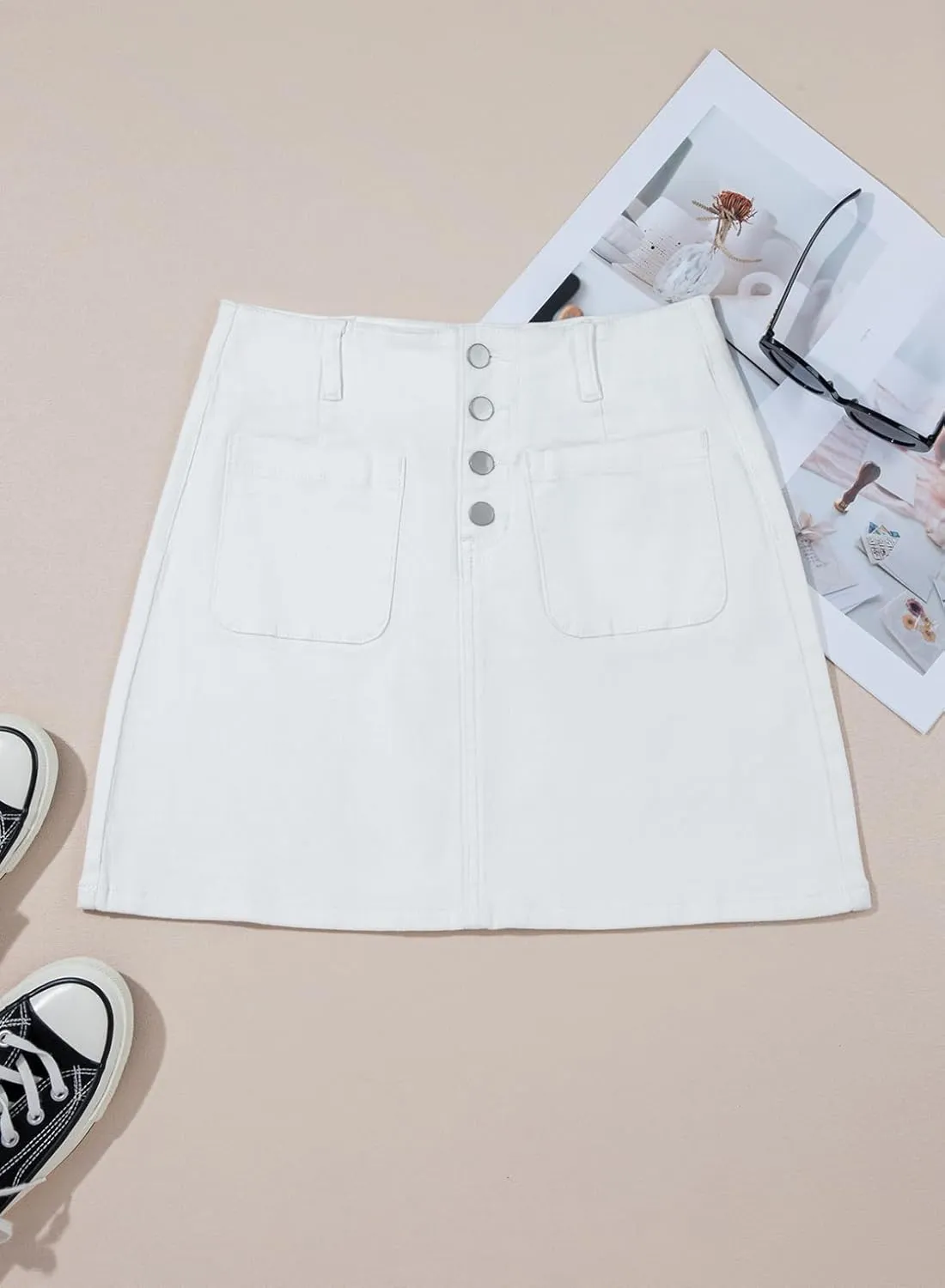Sidefeel Women's Jean Skirt High Waist Summer Stretch Zimbaplatinum Denim Skirt Button Mini Skirt with Pockets