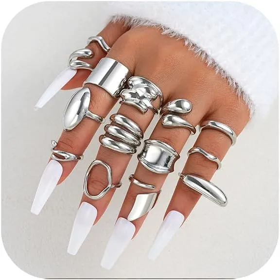 Silver Knuckle Rings Set for Women, Chunky Stackable Joint Finger Statement Rings Vintage Adjustable Hollow Carved Midi Ring Pack Punk Aesthetic Jewelry