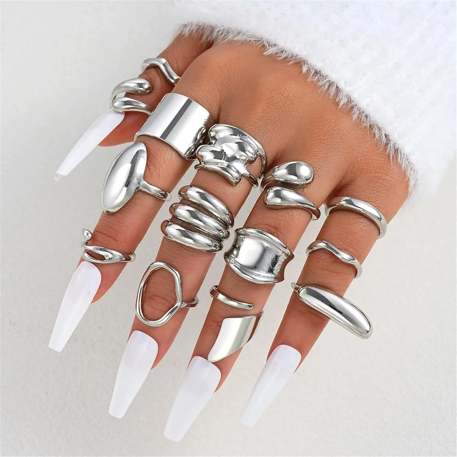 Silver Knuckle Rings Set for Women, Chunky Stackable Joint Finger Statement Rings Vintage Adjustable Hollow Carved Midi Ring Pack Punk Aesthetic Jewelry