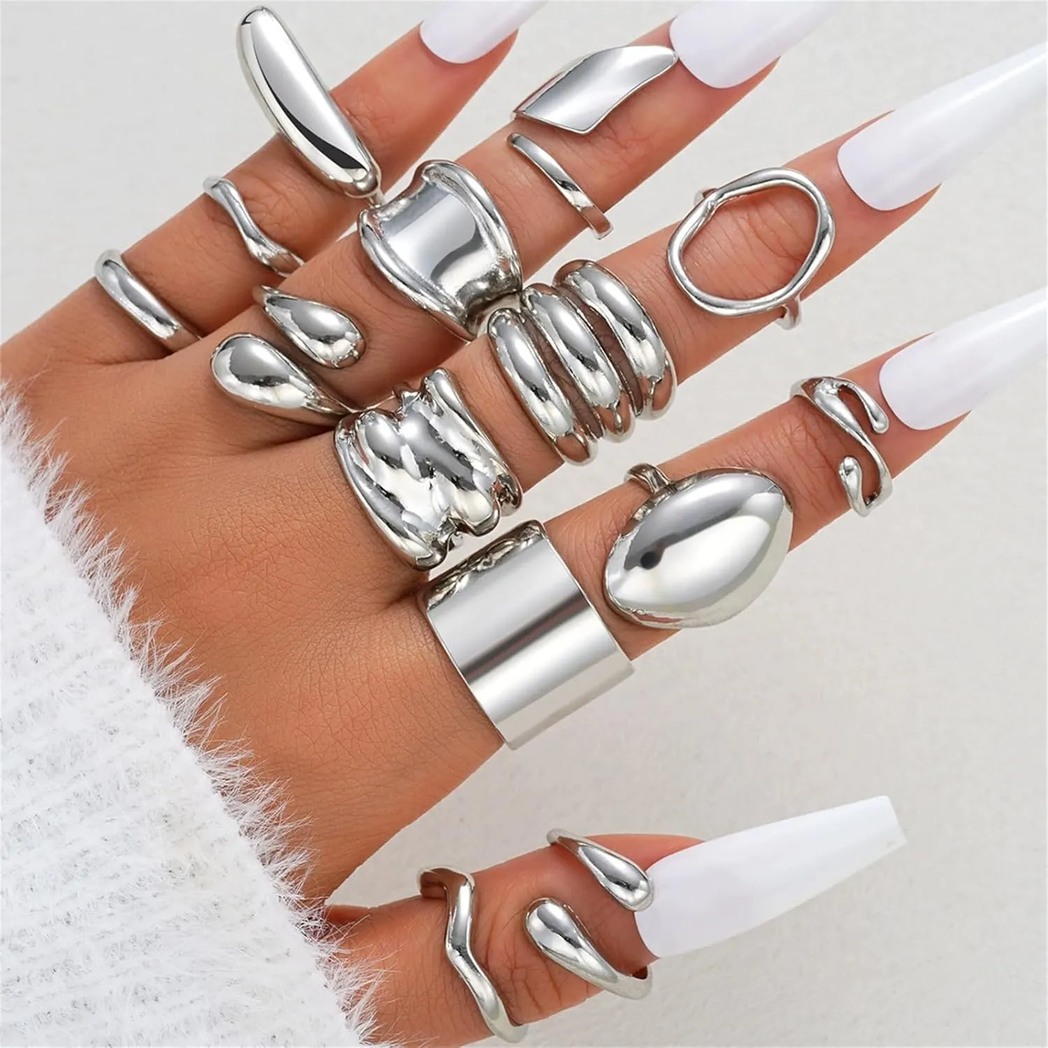 Silver Knuckle Rings Set for Women, Chunky Stackable Joint Finger Statement Rings Vintage Adjustable Hollow Carved Midi Ring Pack Punk Aesthetic Jewelry