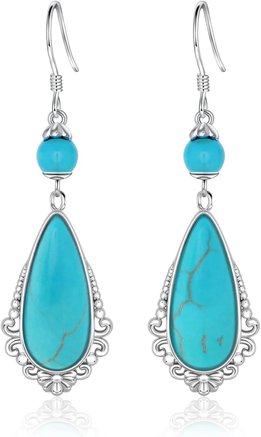Silver Teardrop Turquoise Dangle Earrings for Women Hypoallergenic Boho Dangling Cubic Zirconia Teardrop Turquoise Earring Western Jewerly (Teardrop)